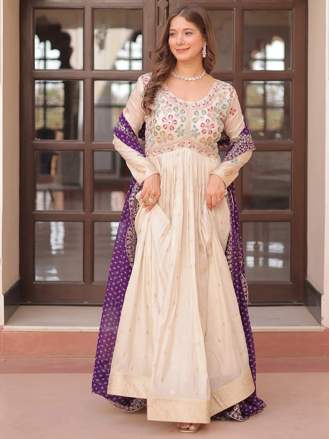 Lovable Beige Bead Work Jacquard Festive Wear Gown With Purple Dupatta - Zeel Clothing