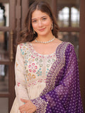 Lovable Beige Bead Work Jacquard Festive Wear Gown With Purple Dupatta - Zeel Clothing