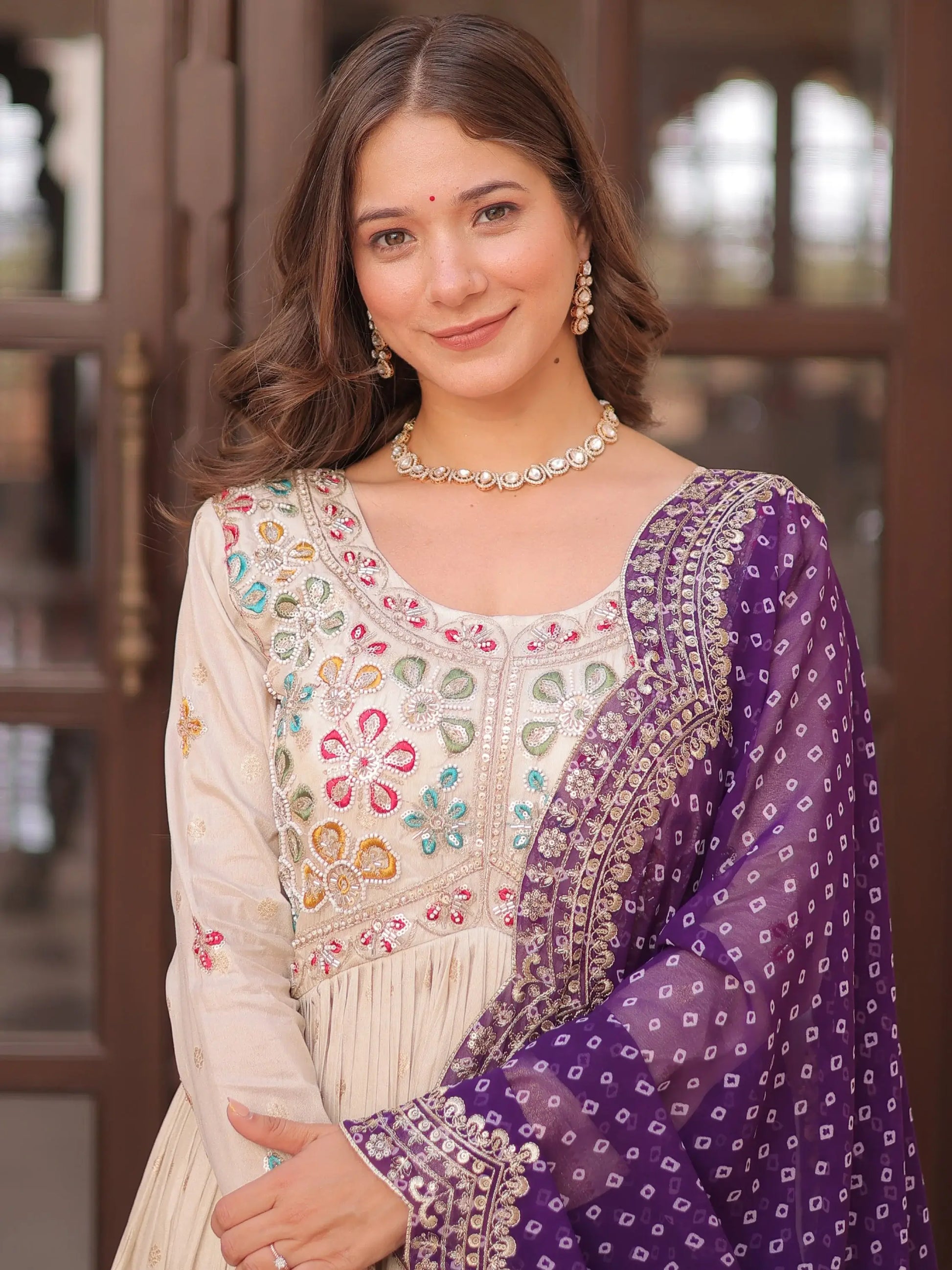 Lovable Beige Bead Work Jacquard Festive Wear Gown With Purple Dupatta - Zeel Clothing