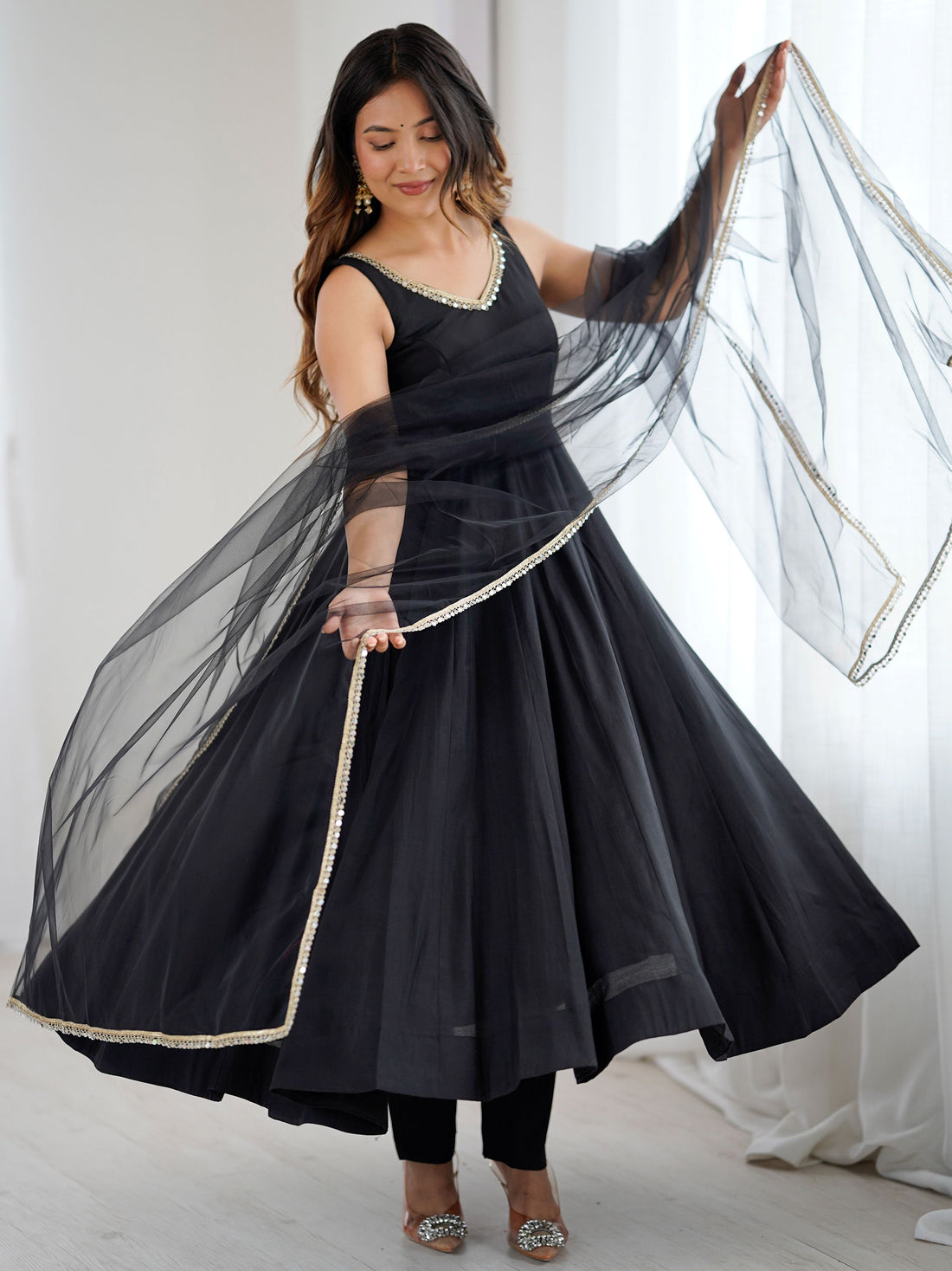 Lovable Black Chanderi Silk Anarkali Suit With Lace Work Dupatta