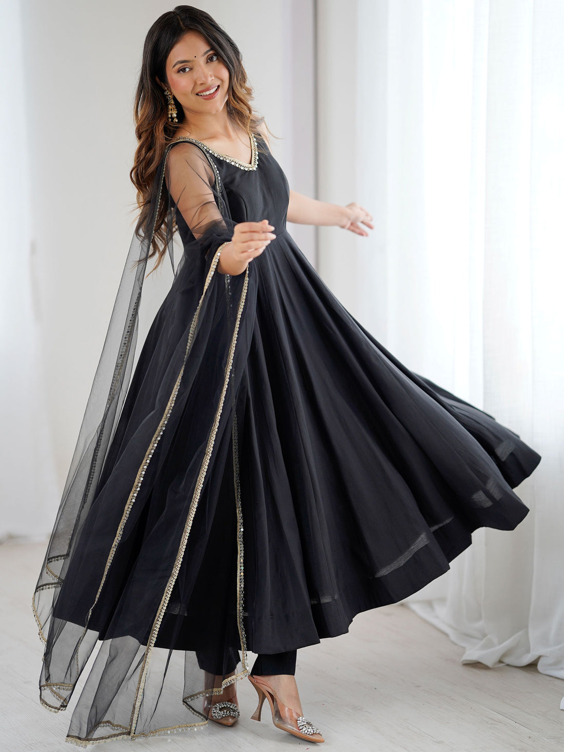 Lovable Black Chanderi Silk Anarkali Suit With Lace Work Dupatta