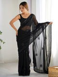 Lovable Black Thread Work Georgette Party Wear Saree With Blouse - Zeel Clothing
