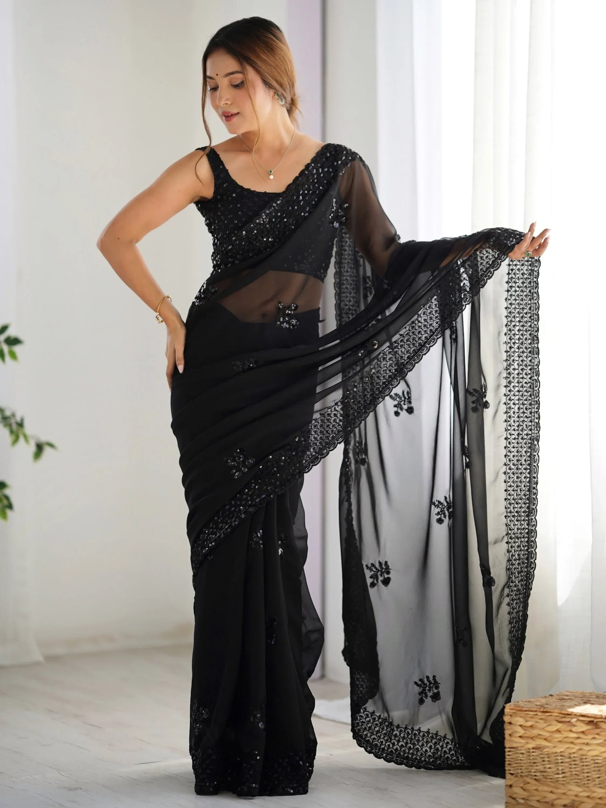Lovable Black Thread Work Georgette Party Wear Saree With Blouse - Zeel Clothing