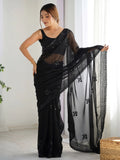 Lovable Black Thread Work Georgette Party Wear Saree With Blouse - Zeel Clothing