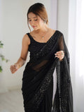 Lovable Black Thread Work Georgette Party Wear Saree With Blouse - Zeel Clothing