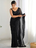 Lovable Black Thread Work Georgette Party Wear Saree With Blouse - Zeel Clothing