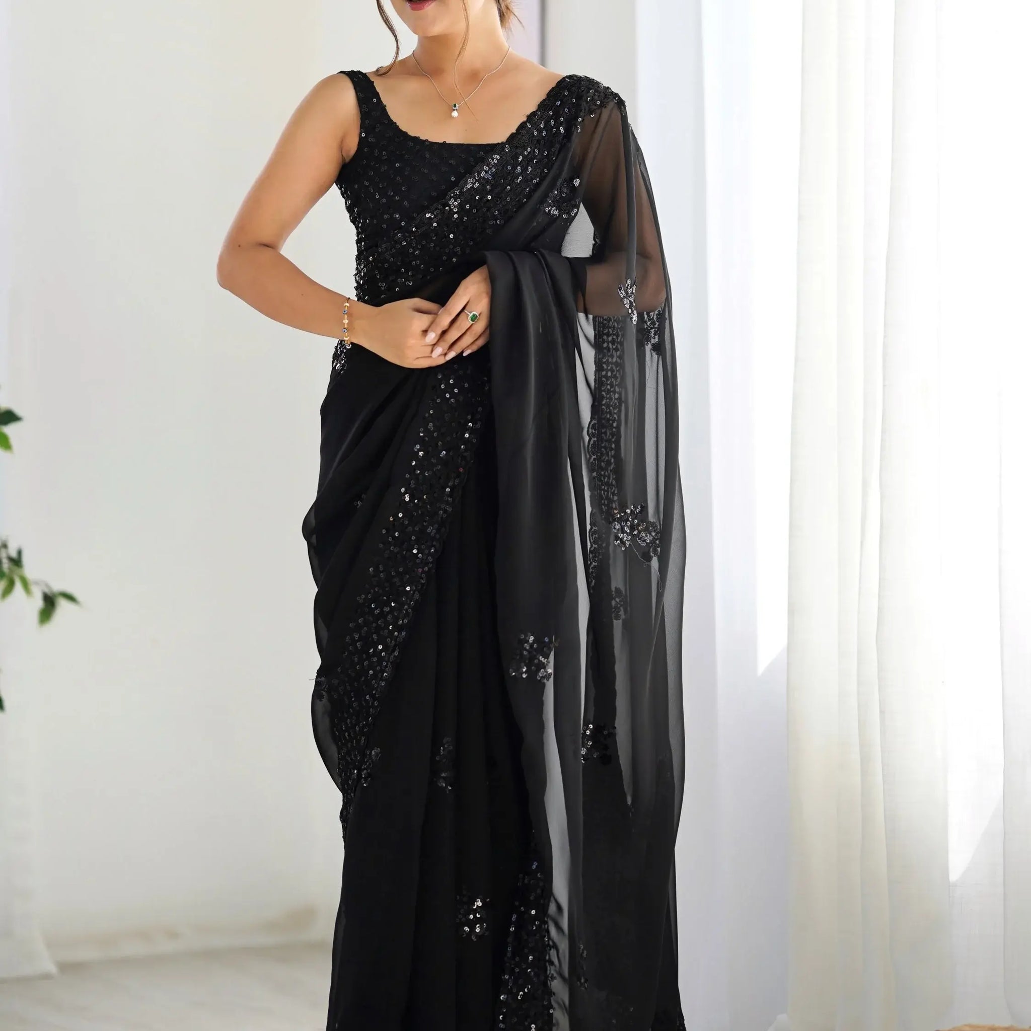 Lovable Black Thread Work Georgette Party Wear Saree With Blouse - Zeel Clothing