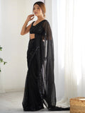 Lovable Black Thread Work Georgette Party Wear Saree With Blouse - Zeel Clothing