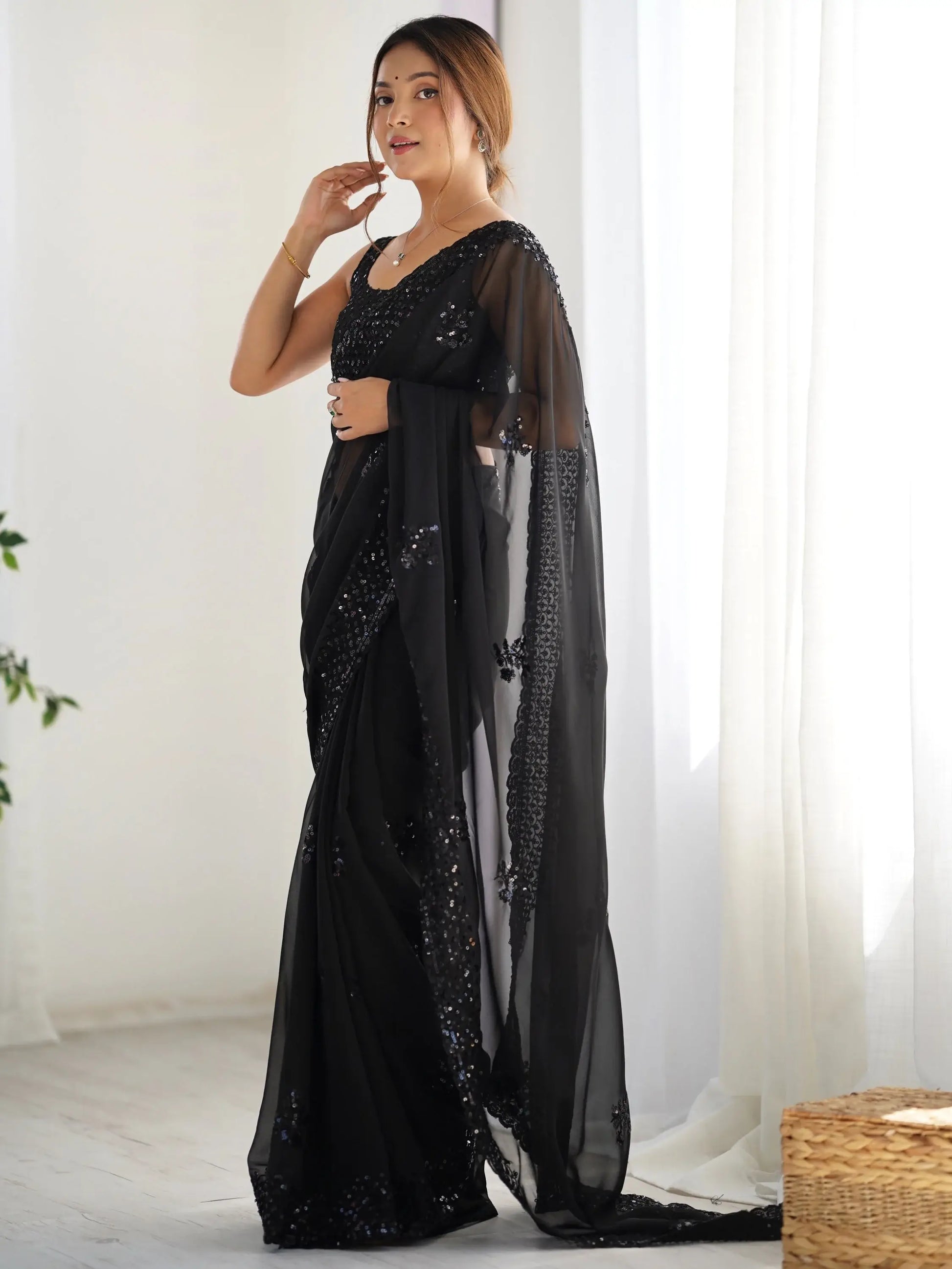 Lovable Black Thread Work Georgette Party Wear Saree With Blouse - Zeel Clothing