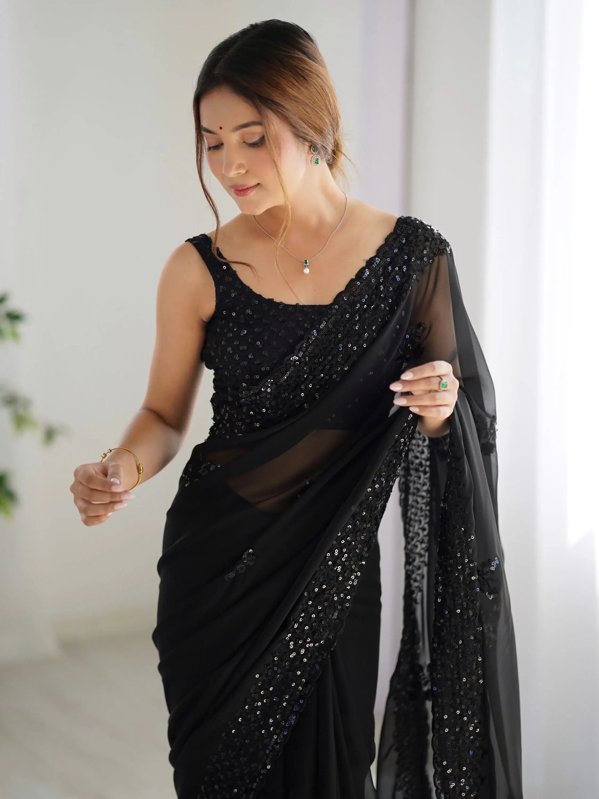 Lovable Black Thread Work Georgette Party Wear Saree With Blouse - Zeel Clothing