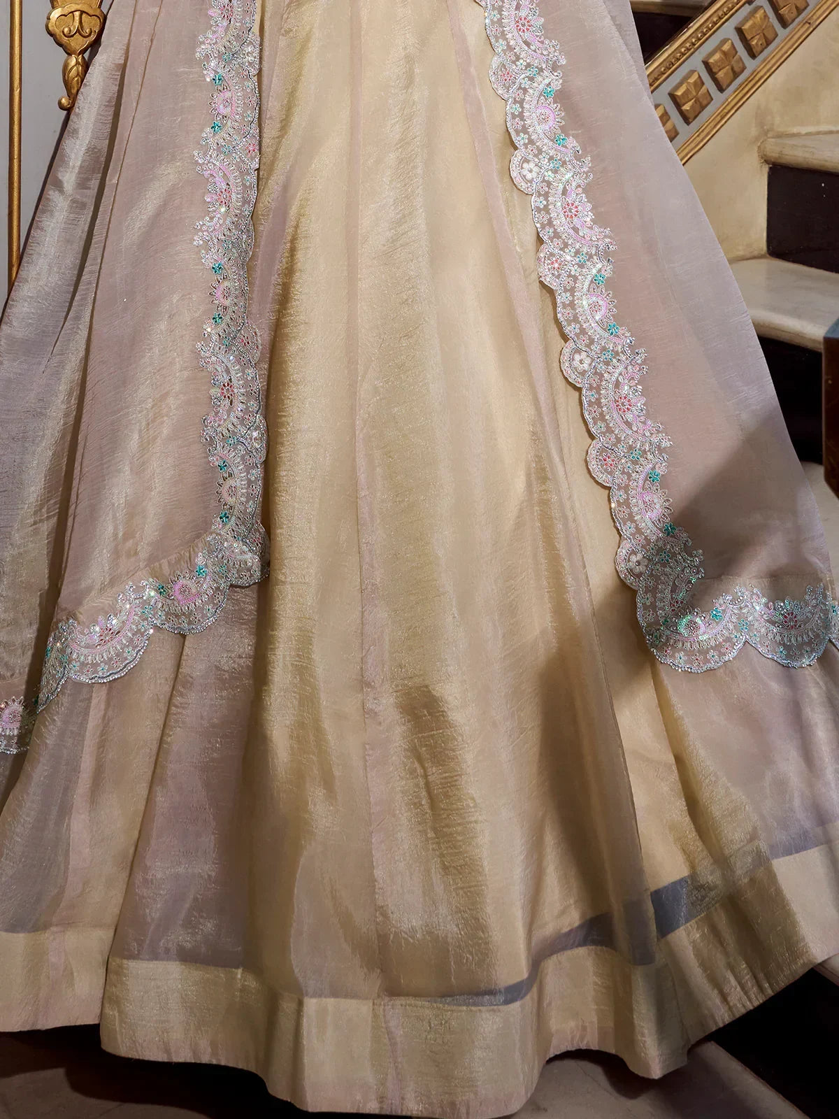 Lovable Cream Organza Crush Pattern Lehenga Heavy Work Choli - Zeel Clothing