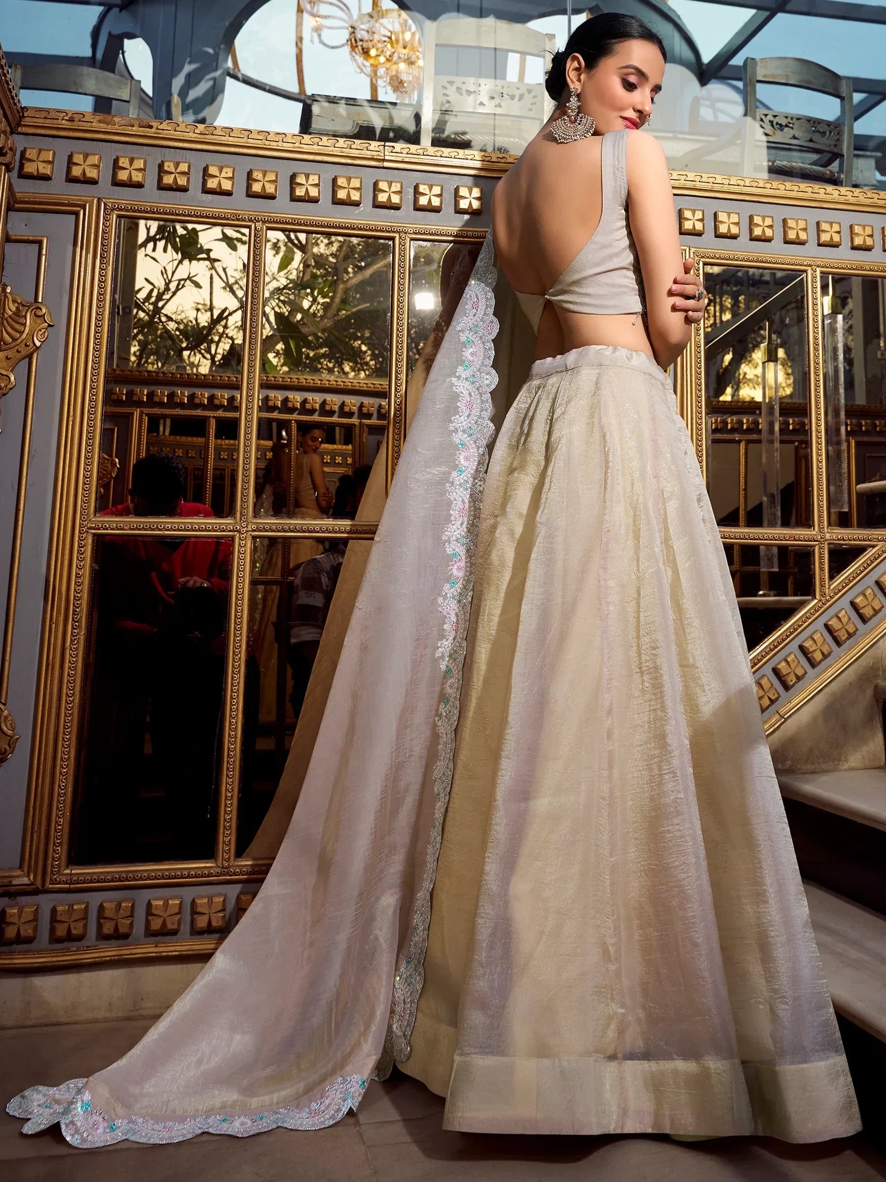 Lovable Cream Organza Crush Pattern Lehenga Heavy Work Choli - Zeel Clothing