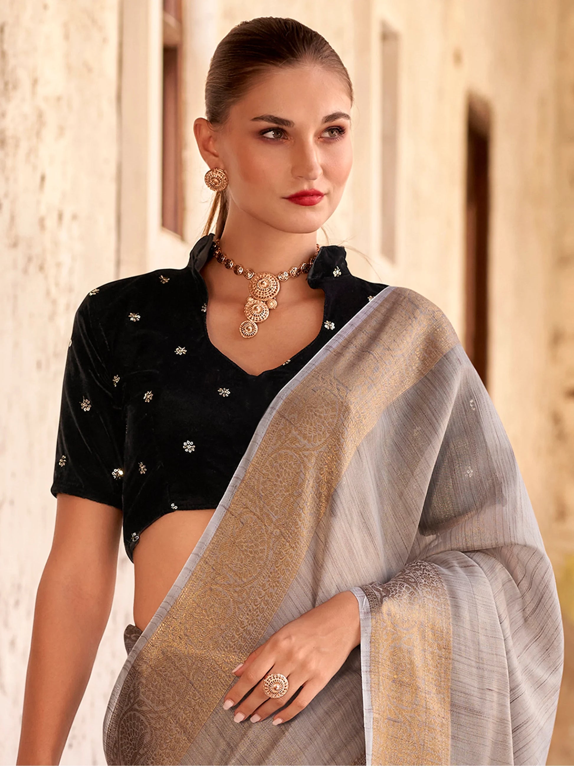 Lovable Grey Zari Weaving Tissue Silk Festival Wear Saree With Blouse - Zeel Clothing