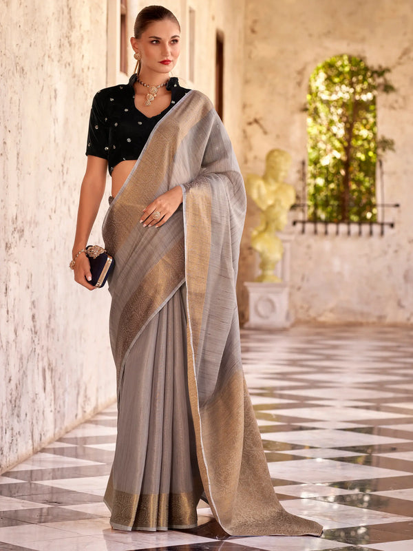 Lovable Grey Zari Weaving Tissue Silk Festival Wear Saree With Blouse - Zeel Clothing