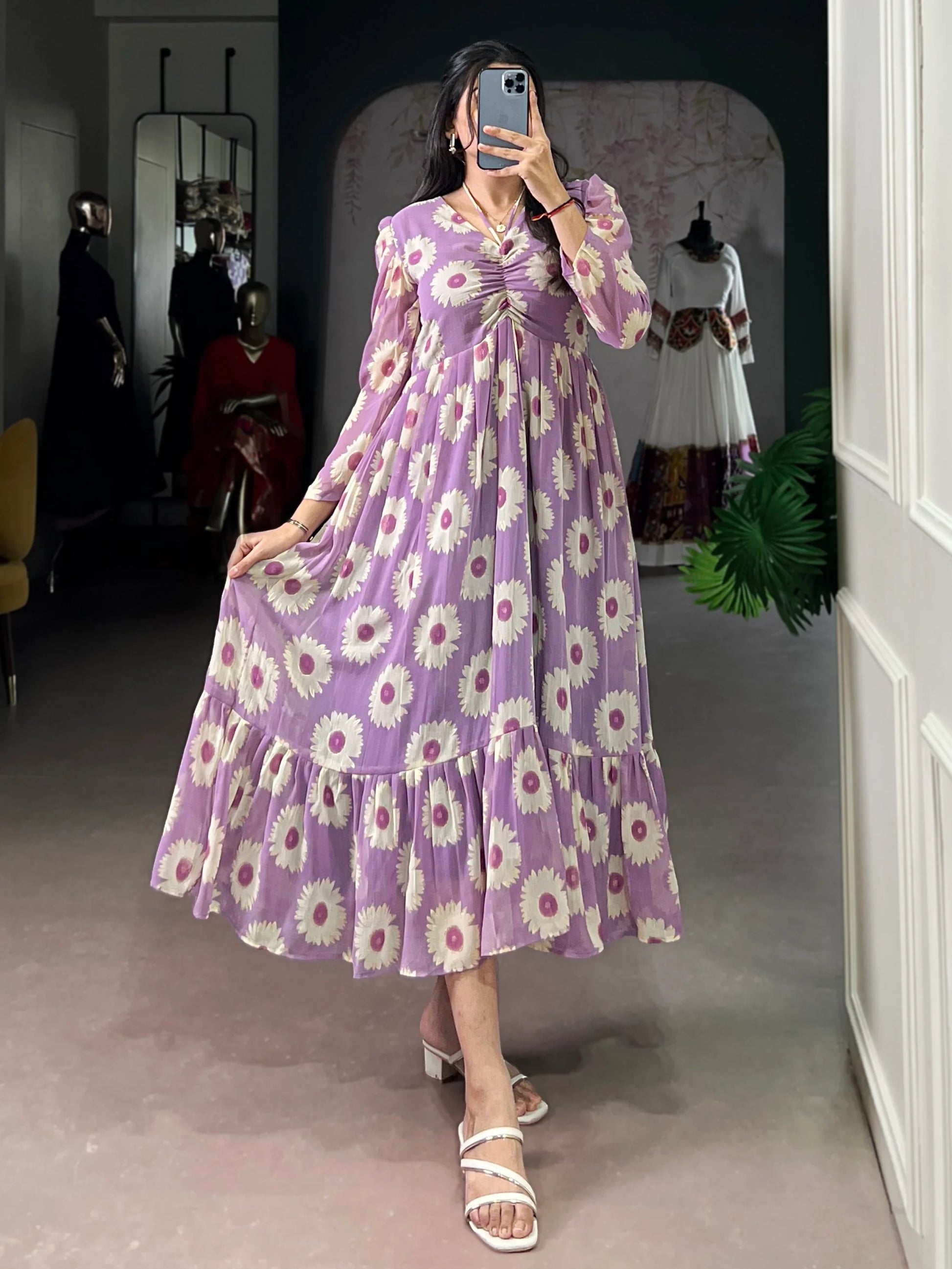 Lovable Lavender Floral Printed Georgette Western Wear Dress