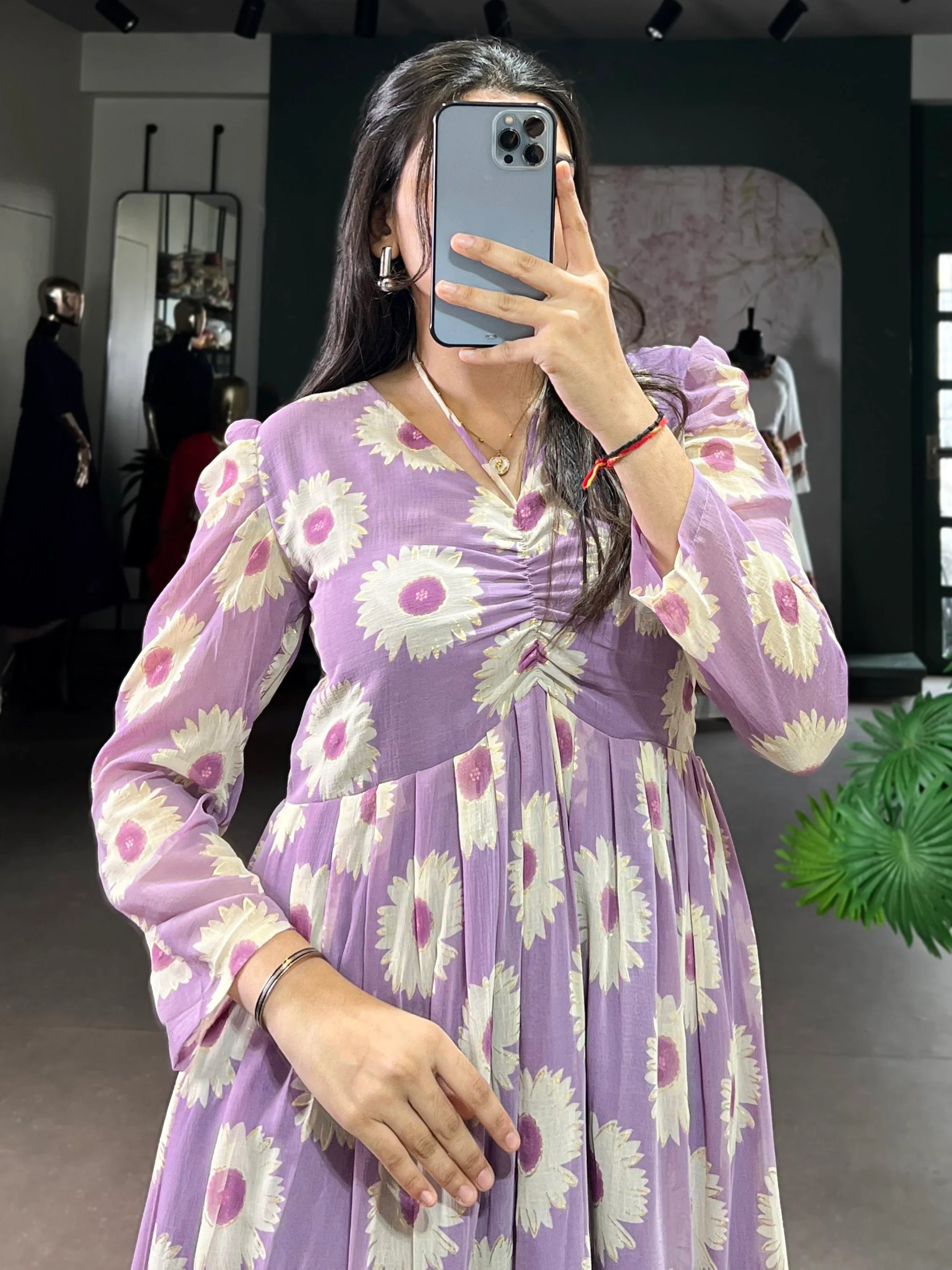 Lovable Lavender Floral Printed Georgette Western Wear Dress