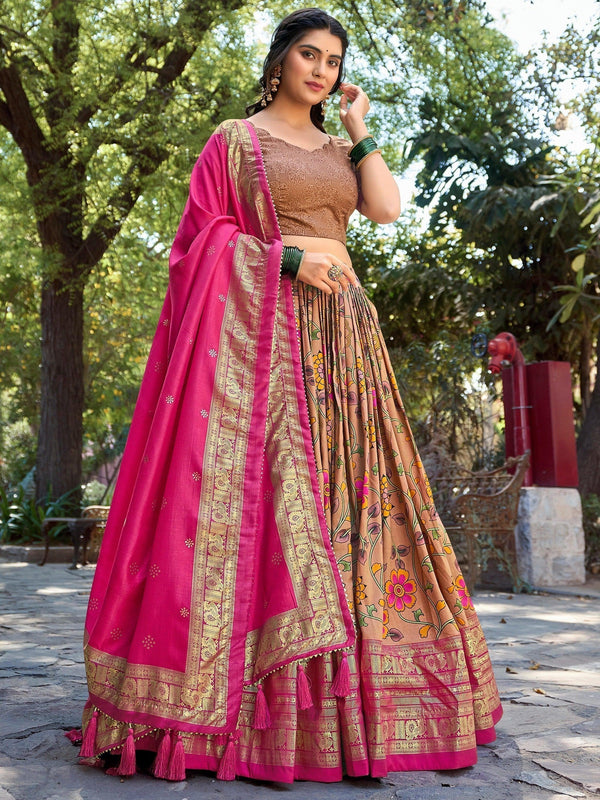Lovable Light Brown Kalamkari Printed Silk Festival Wear Lehenga Choli