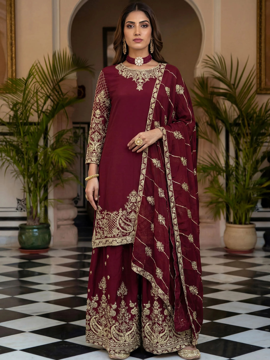 Lovable Maroon Codding Embroidery Chinon Wedding Wear Palazzo Suit