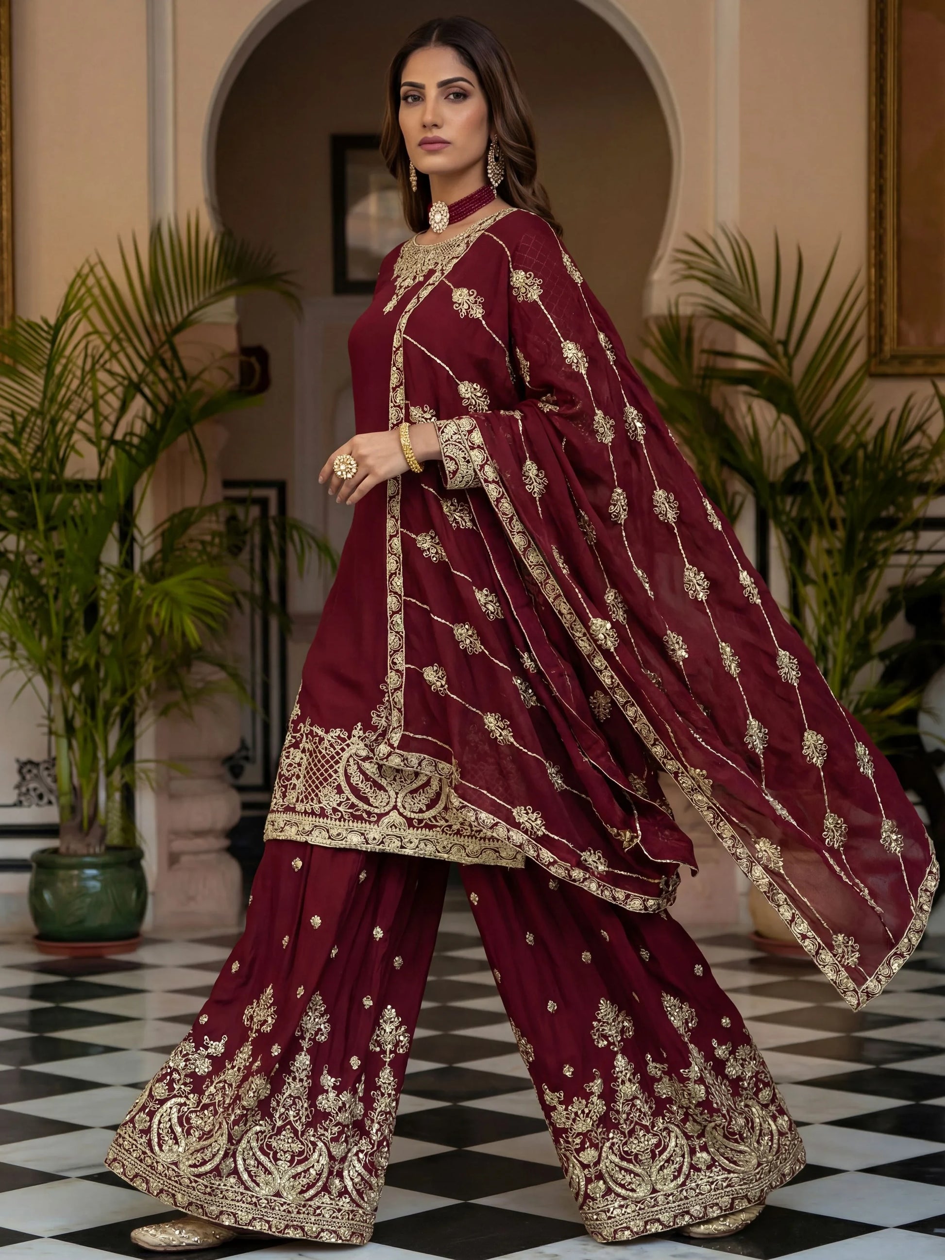 Lovable Maroon Codding Embroidery Chinon Wedding Wear Palazzo Suit