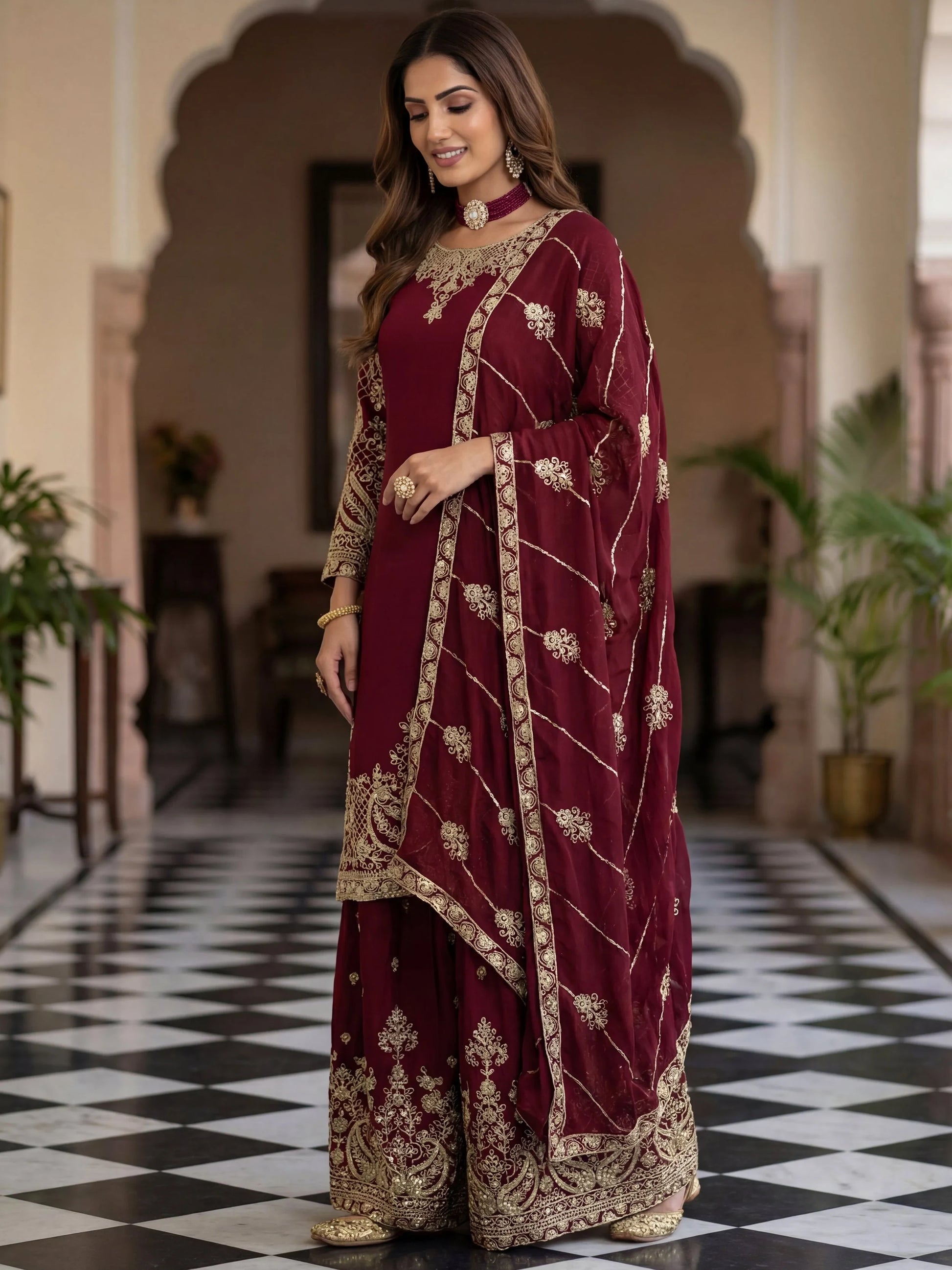 Lovable Maroon Codding Embroidery Chinon Wedding Wear Palazzo Suit