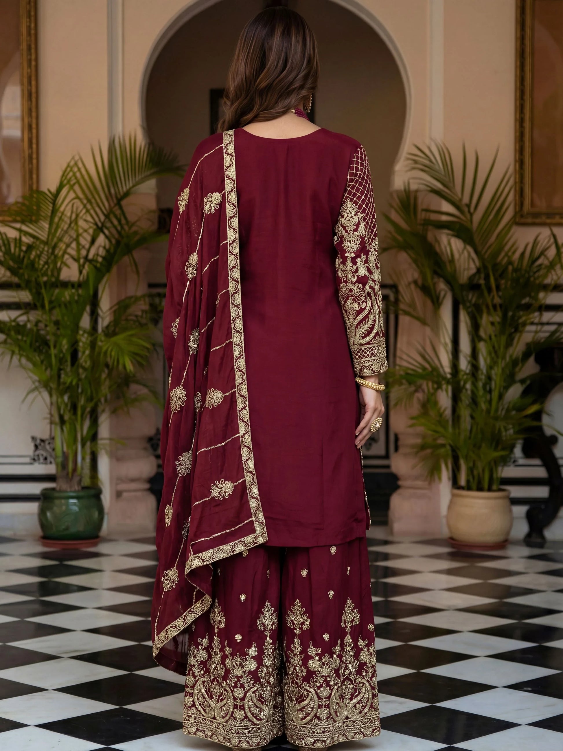 Lovable Maroon Codding Embroidery Chinon Wedding Wear Palazzo Suit