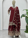 Lovable Maroon Codding Embroidery Chinon Wedding Wear Palazzo Suit