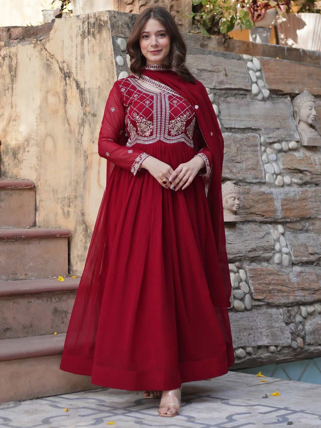 Lovable Maroon Pearl Work Georgette Festival Wear Gown With Dupatta - Zeel Clothing