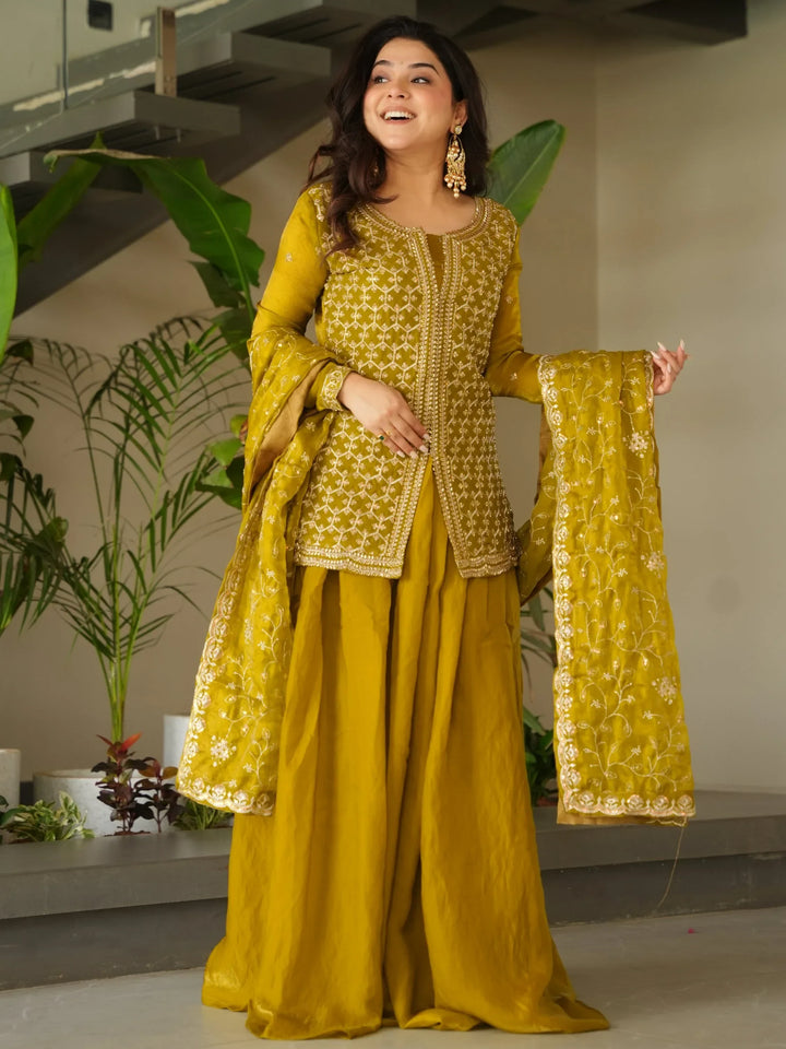 Lovable Mehendi Green Bead Embroidery Silk Function Wear Sharara Suit - Zeel Clothing