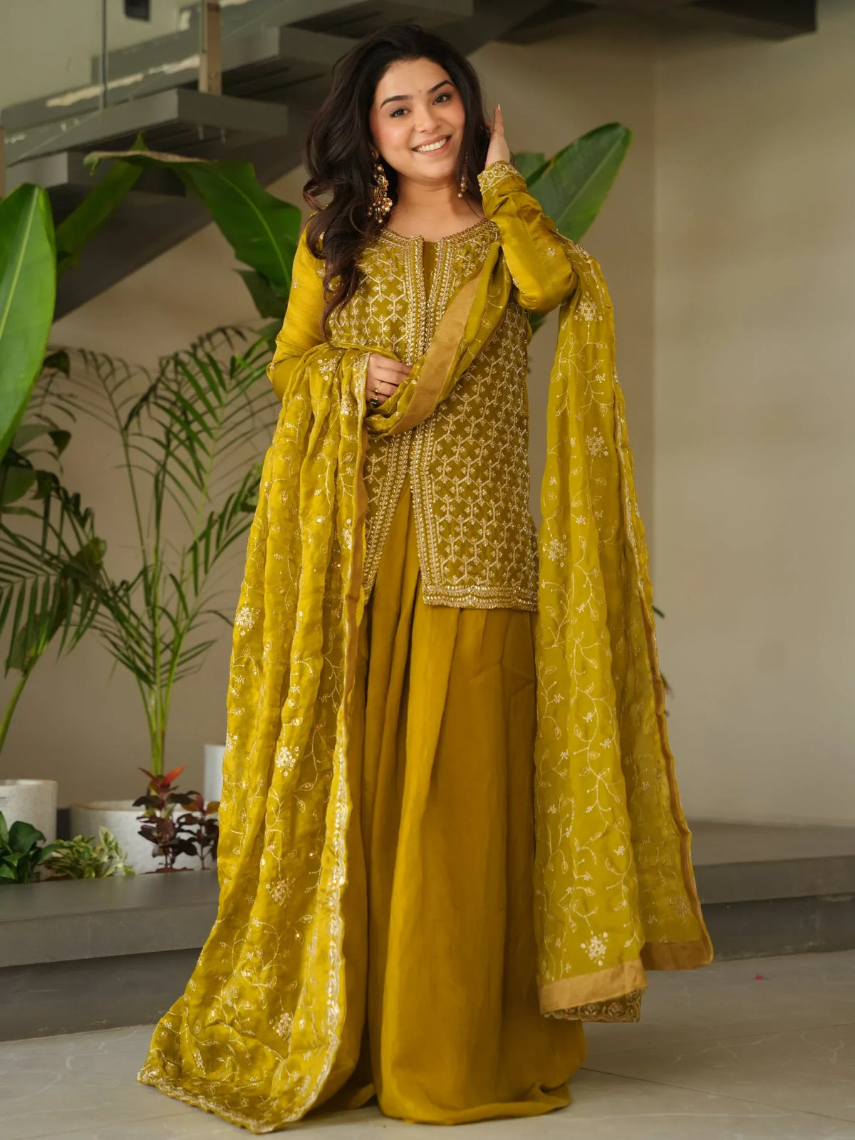 Lovable Mehendi Green Bead Embroidery Silk Function Wear Sharara Suit - Zeel Clothing