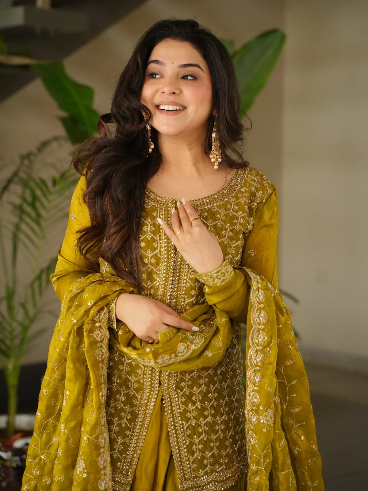 Lovable Mehendi Green Bead Embroidery Silk Function Wear Sharara Suit - Zeel Clothing