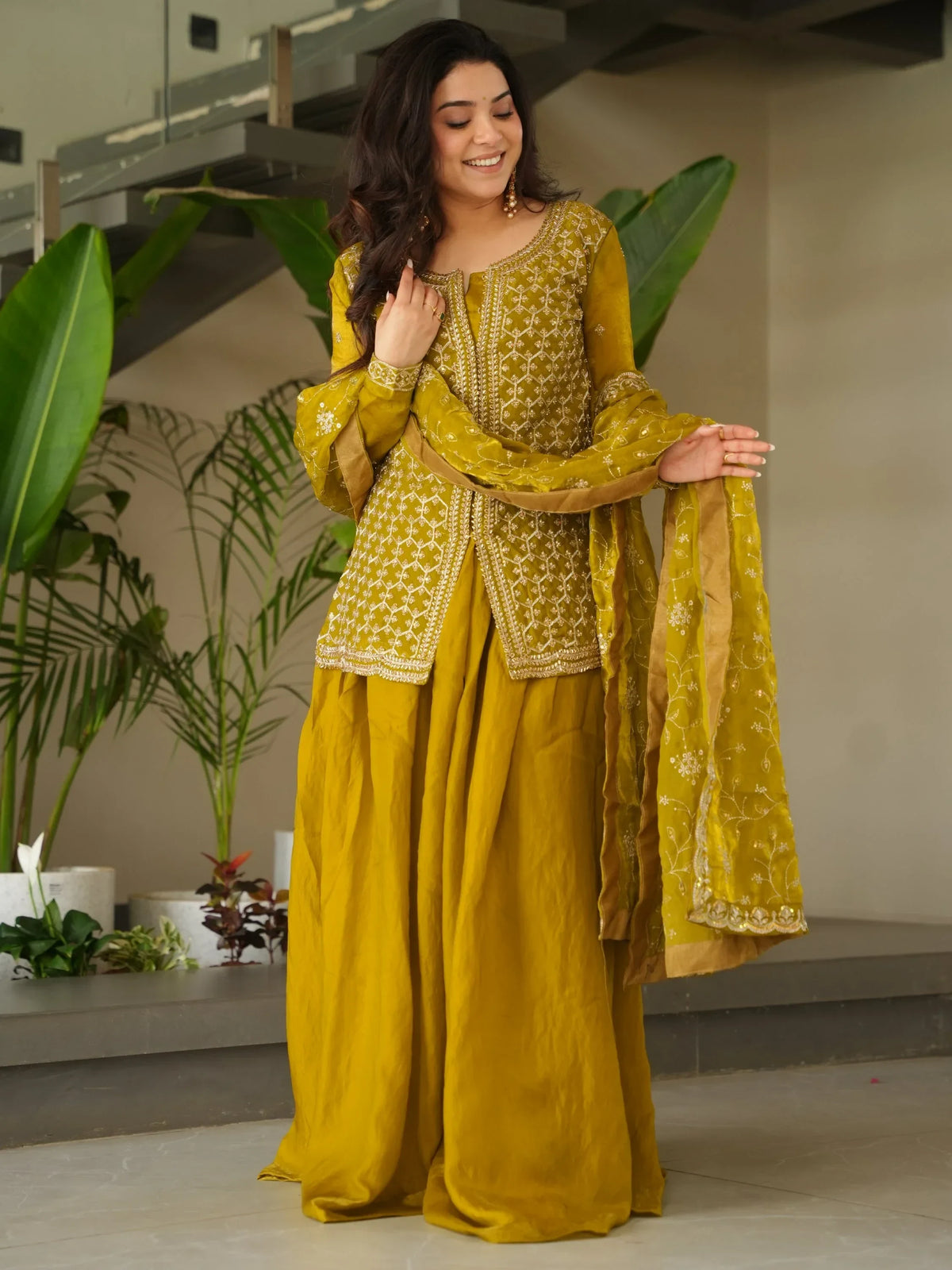 Lovable Mehendi Green Bead Embroidery Silk Function Wear Sharara Suit - Zeel Clothing