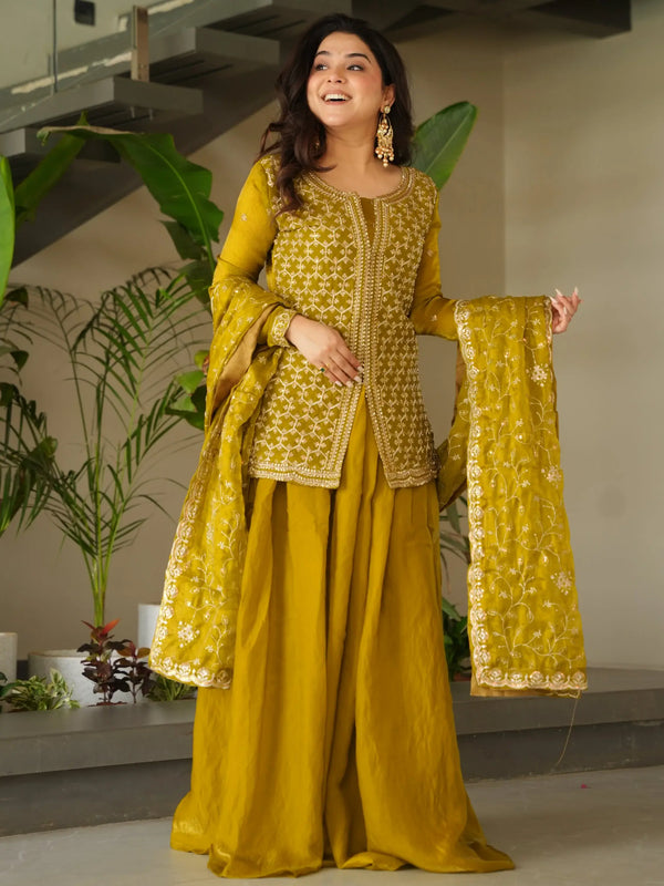 Lovable Mehendi Green Bead Embroidery Silk Function Wear Sharara Suit - Zeel Clothing