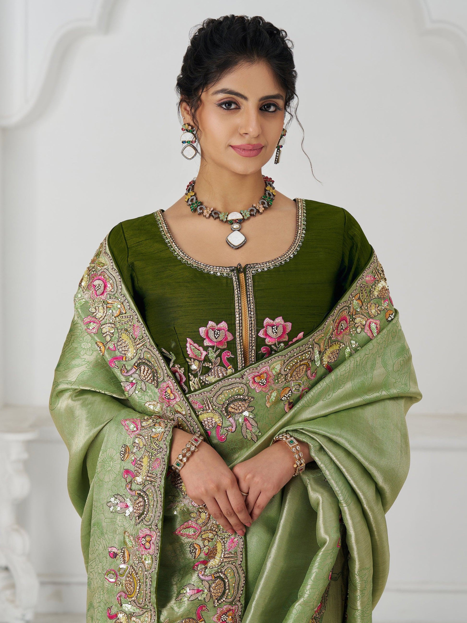 Lovable Mehendi Green Border Work Dola Silk Festival Wear Saree - Zeel Clothing