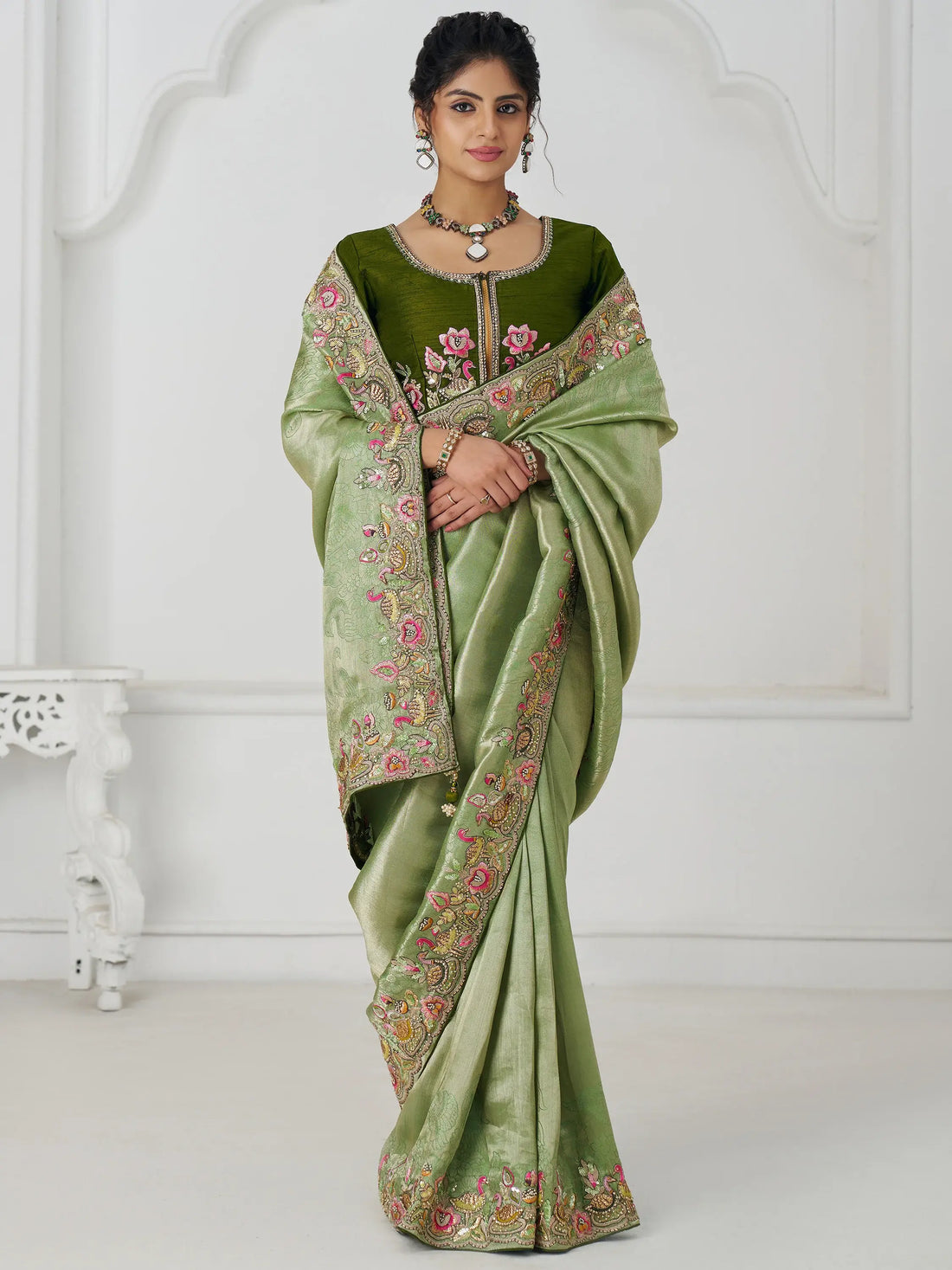 Lovable Mehendi Green Border Work Dola Silk Festival Wear Saree - Zeel Clothing