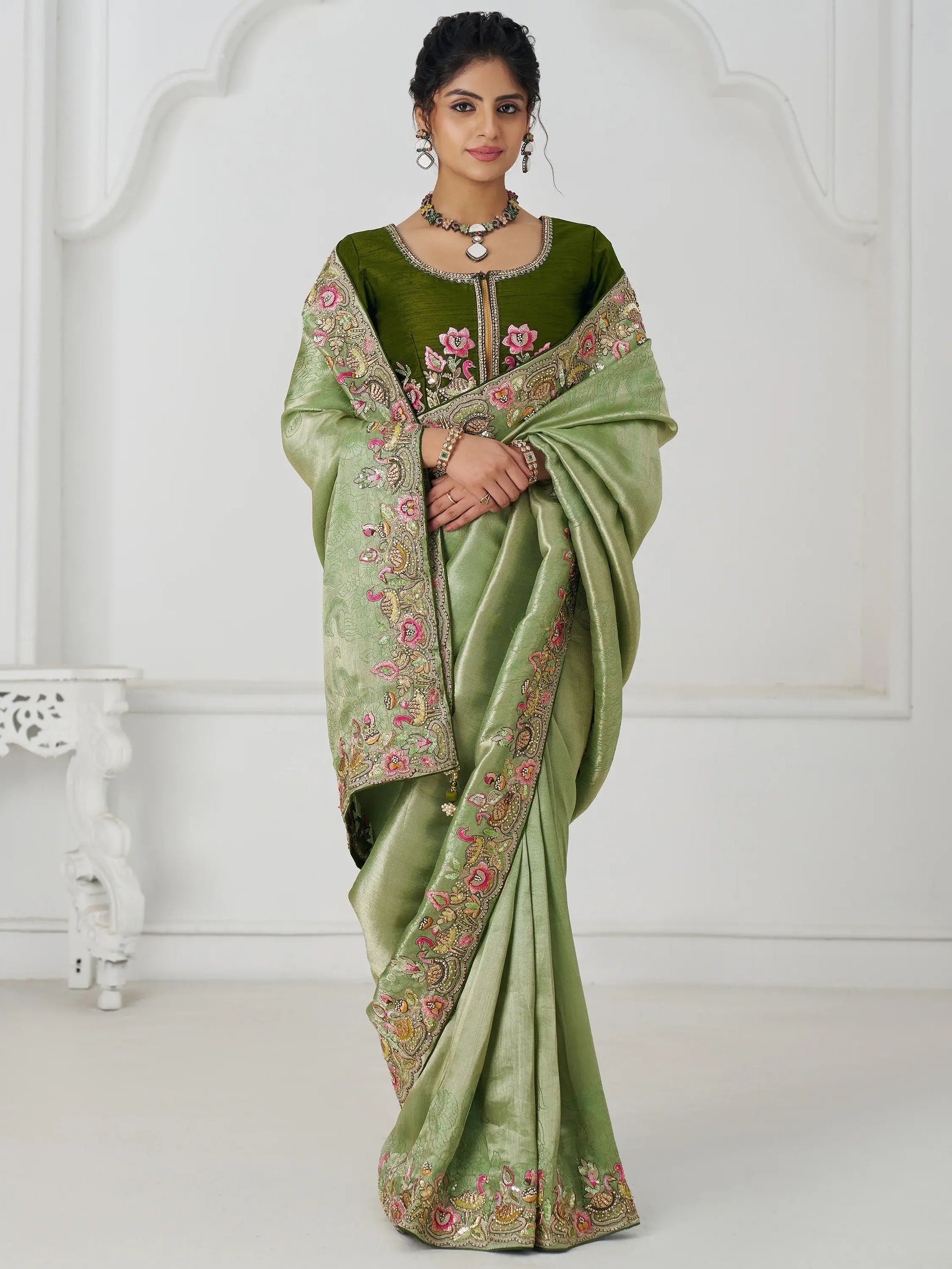 Lovable Mehendi Green Border Work Dola Silk Festival Wear Saree - Zeel Clothing