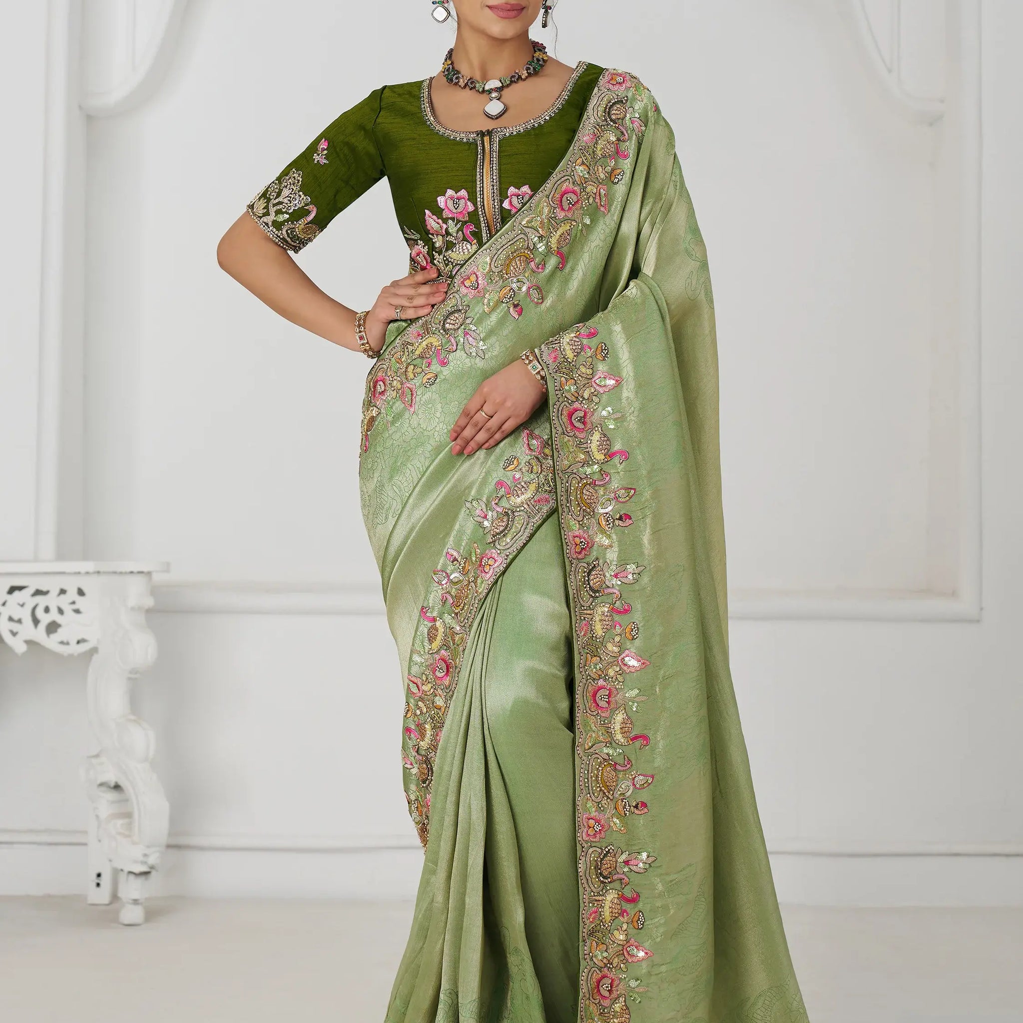 Lovable Mehendi Green Border Work Dola Silk Festival Wear Saree - Zeel Clothing