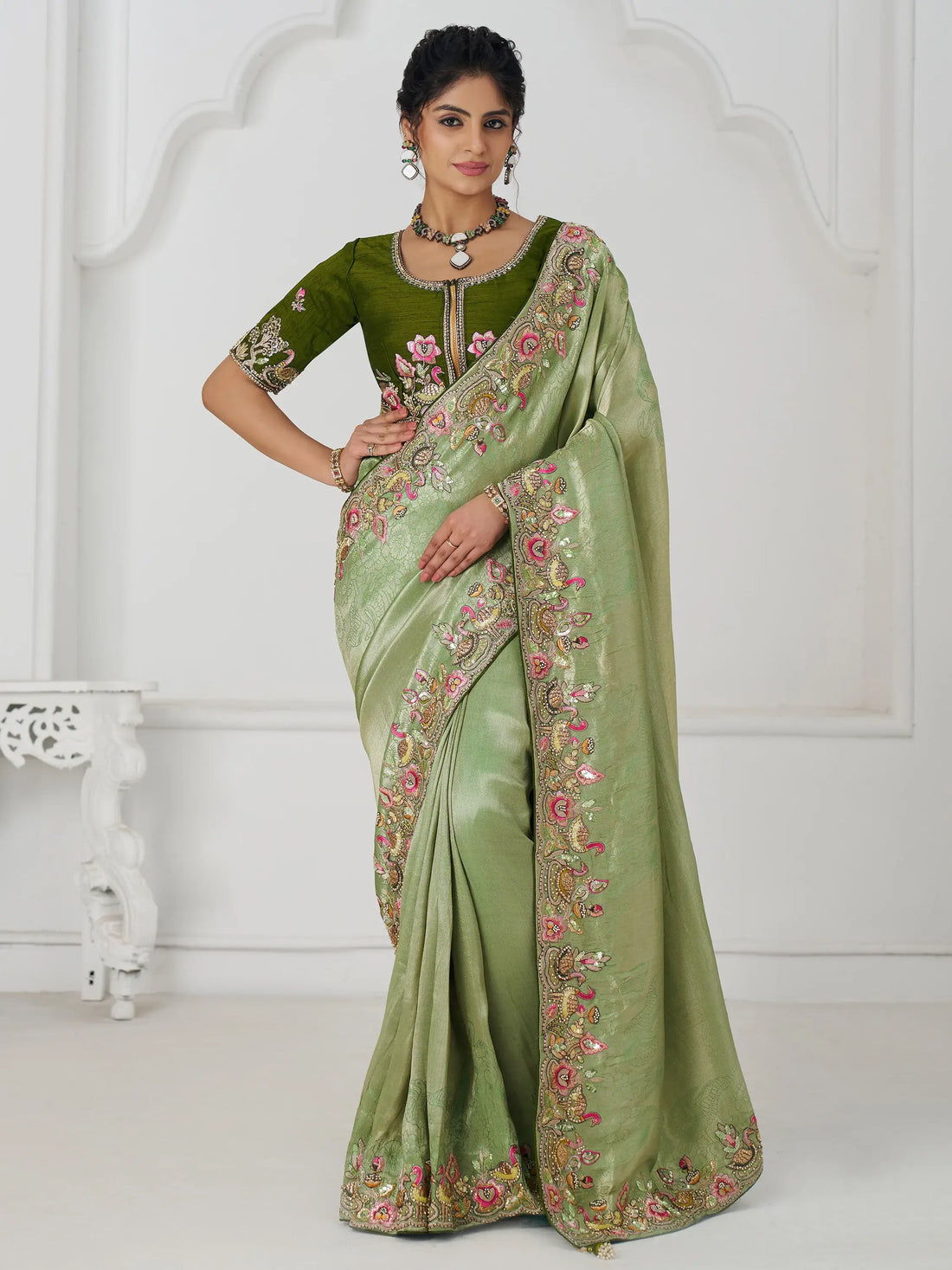 Lovable Mehendi Green Border Work Dola Silk Festival Wear Saree - Zeel Clothing
