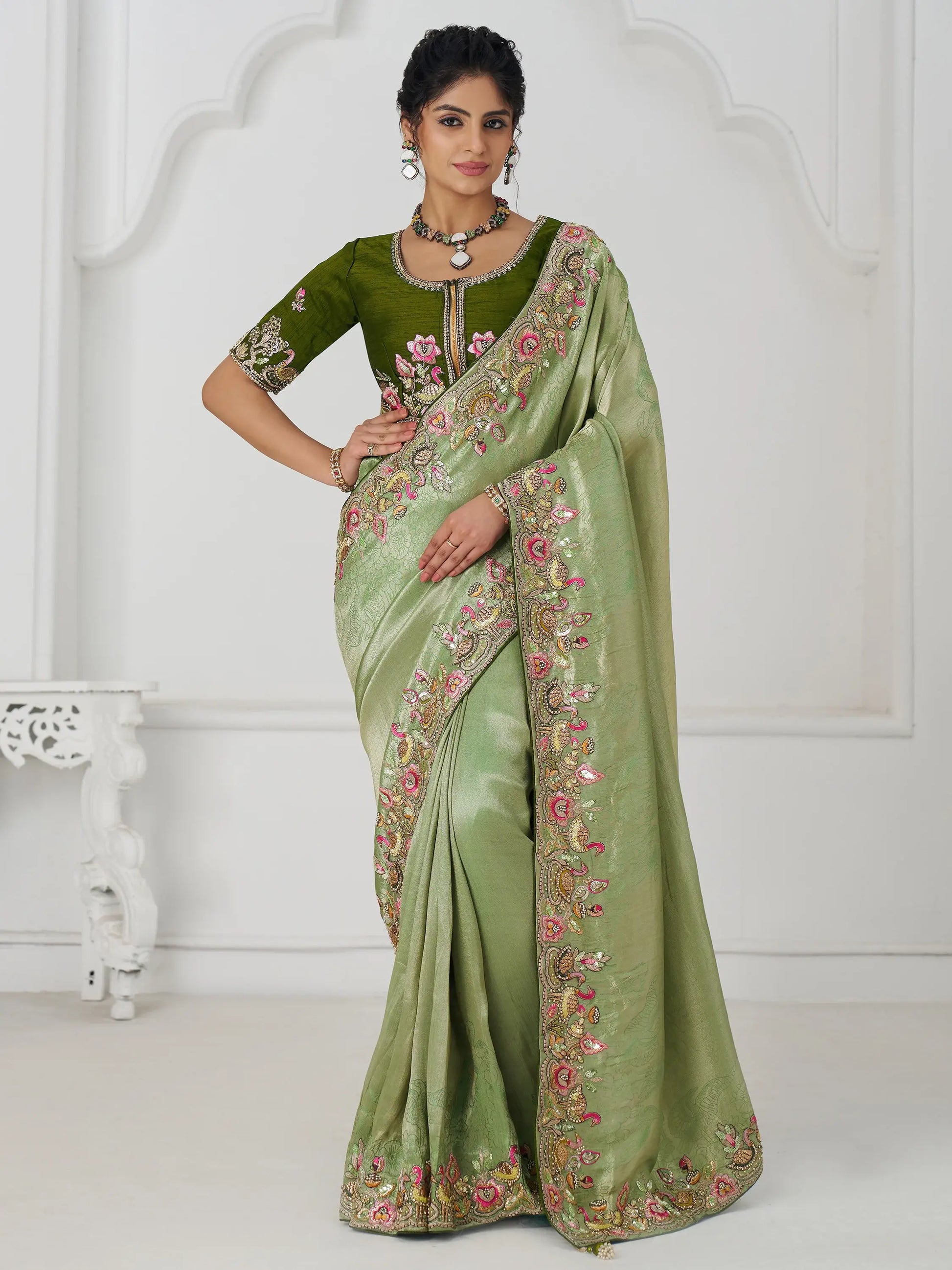 Lovable Mehendi Green Border Work Dola Silk Festival Wear Saree - Zeel Clothing
