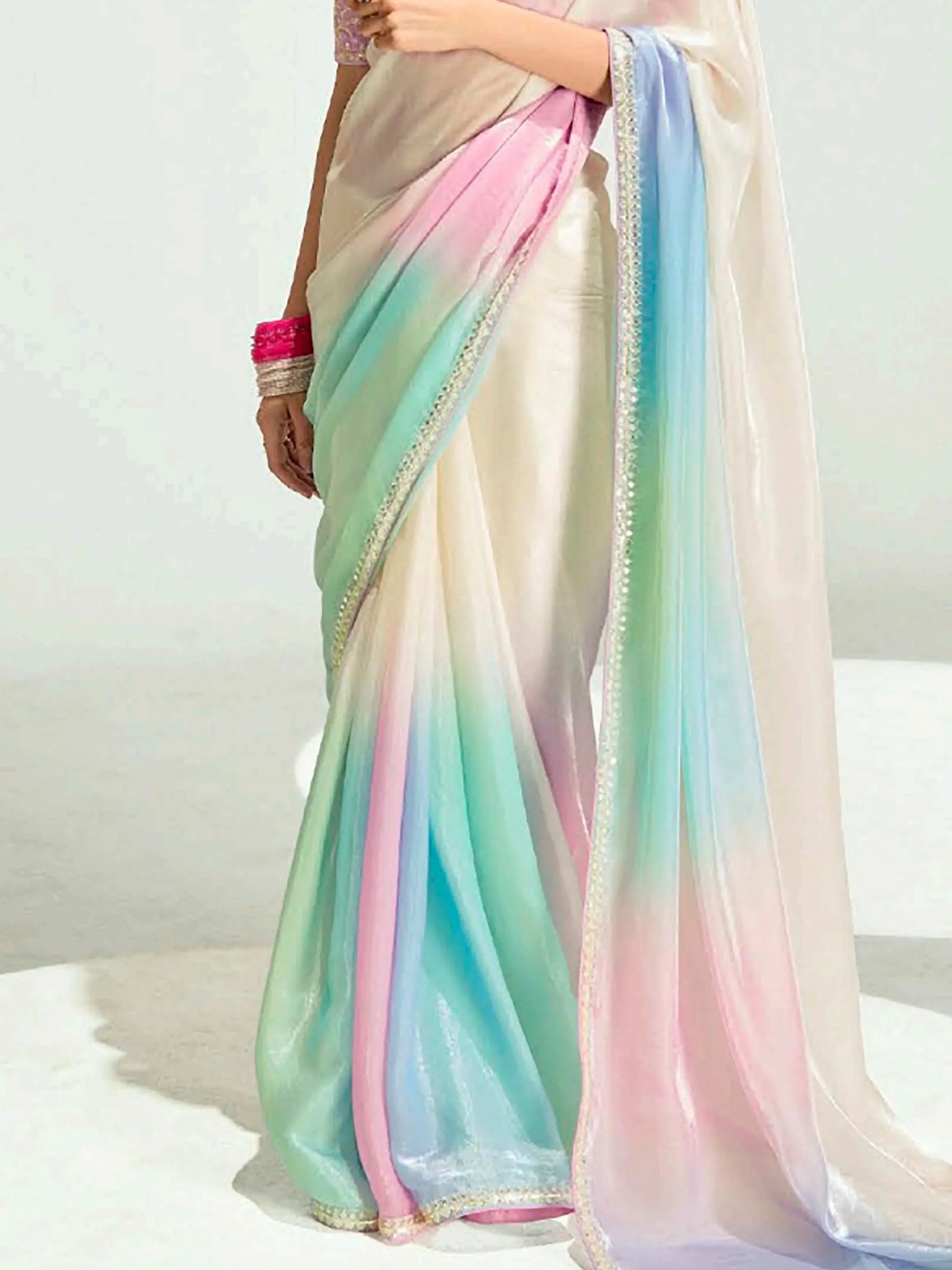 Lovable Multi-Color Embroidery Border Work Organza Engagement Wear Saree - Zeel Clothing