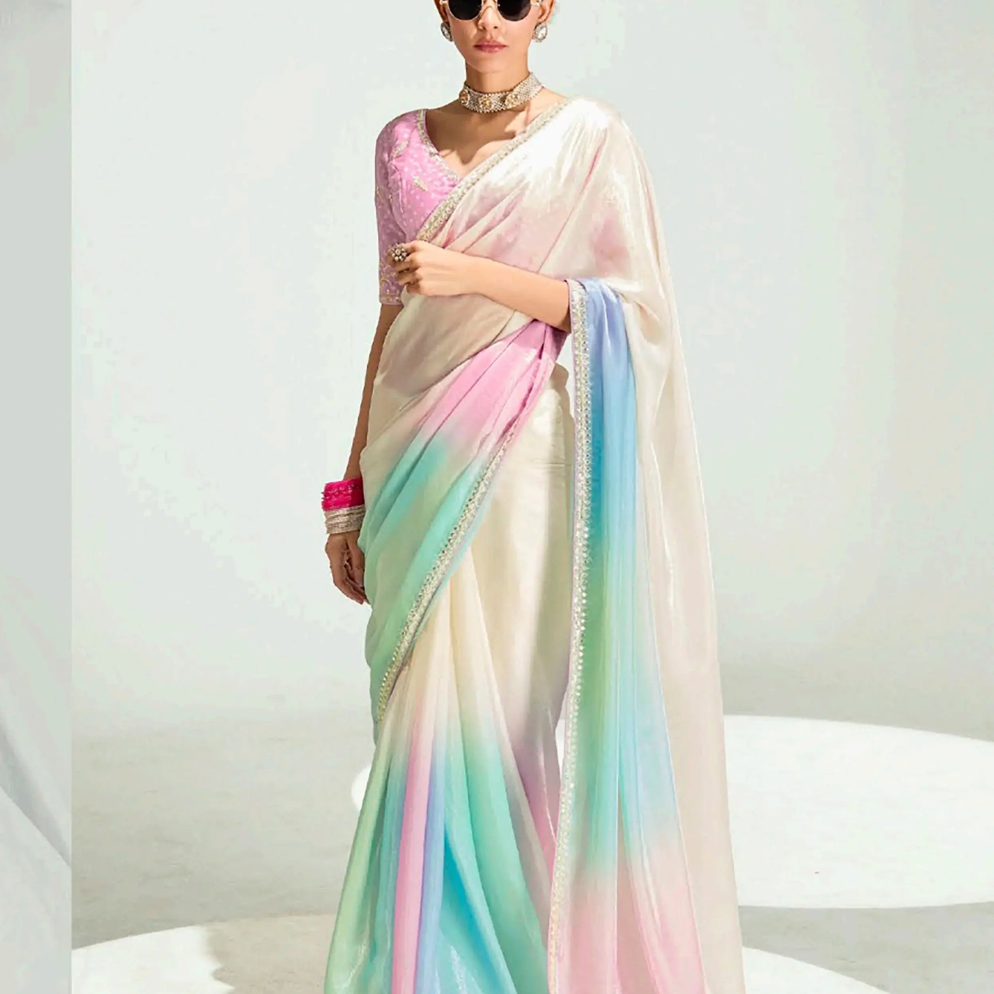 Lovable Multi-Color Embroidery Border Work Organza Engagement Wear Saree - Zeel Clothing