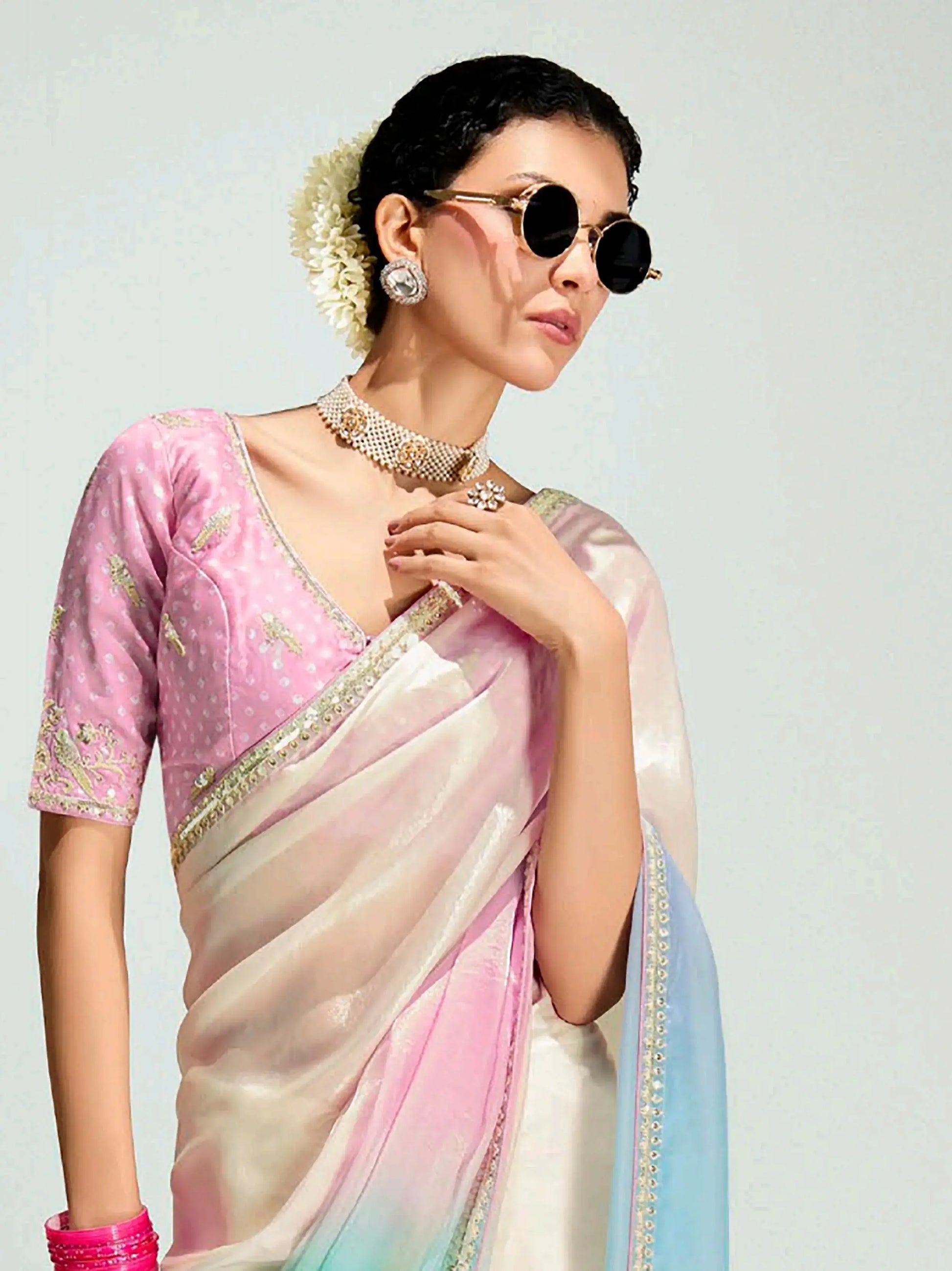 Lovable Multi-Color Embroidery Border Work Organza Engagement Wear Saree - Zeel Clothing