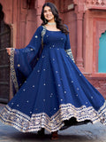 Lovable Navy Blue Sequins Georgette Festive Wear Gown With Dupatta - Zeel Clothing