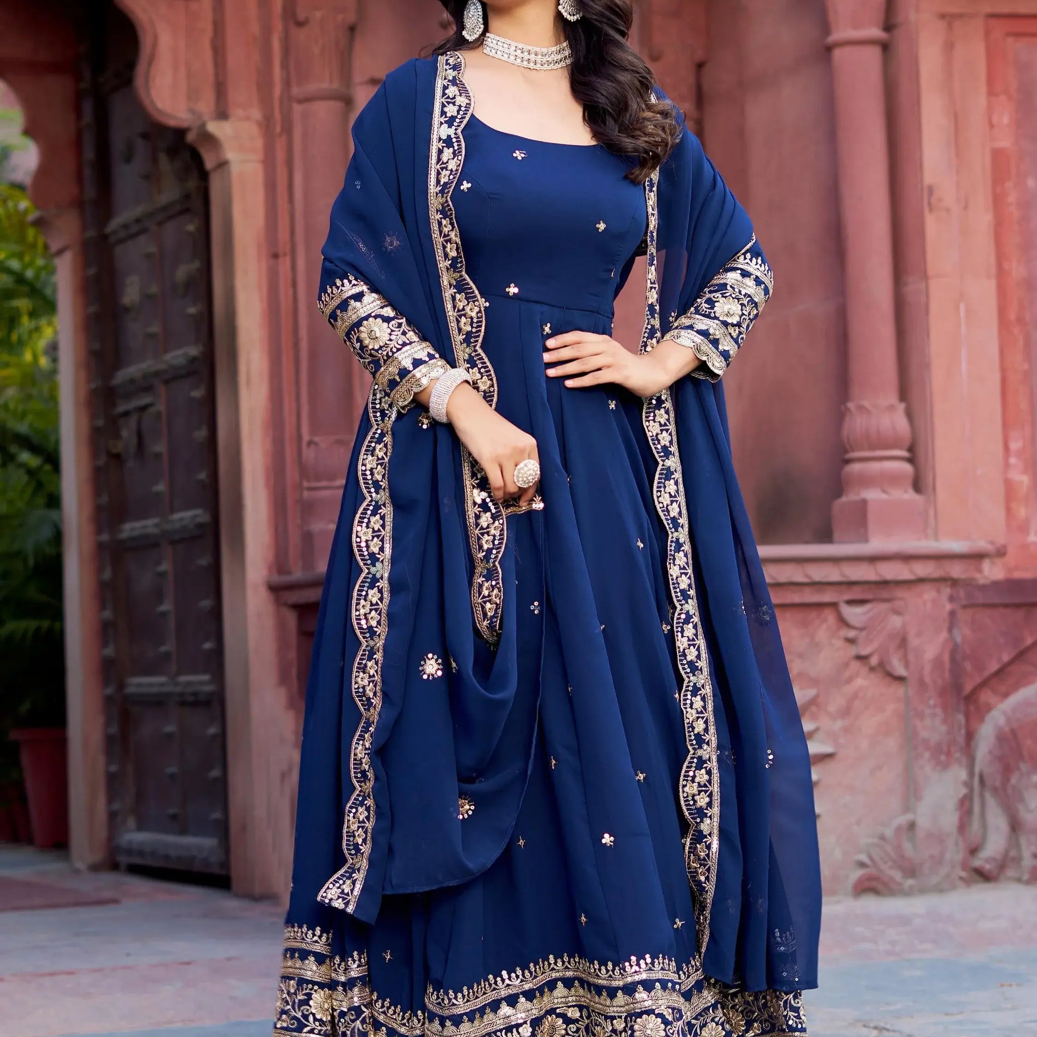 Lovable Navy Blue Sequins Georgette Festive Wear Gown With Dupatta - Zeel Clothing