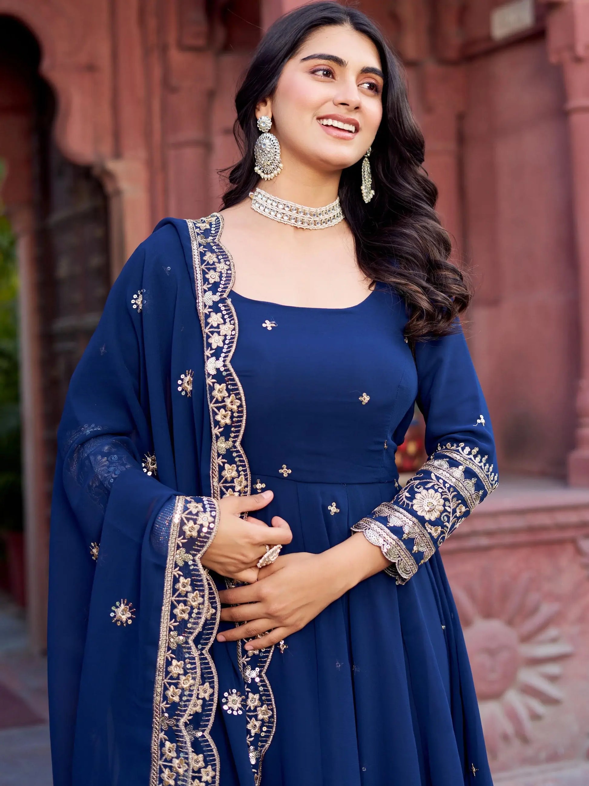 Lovable Navy Blue Sequins Georgette Festive Wear Gown With Dupatta - Zeel Clothing