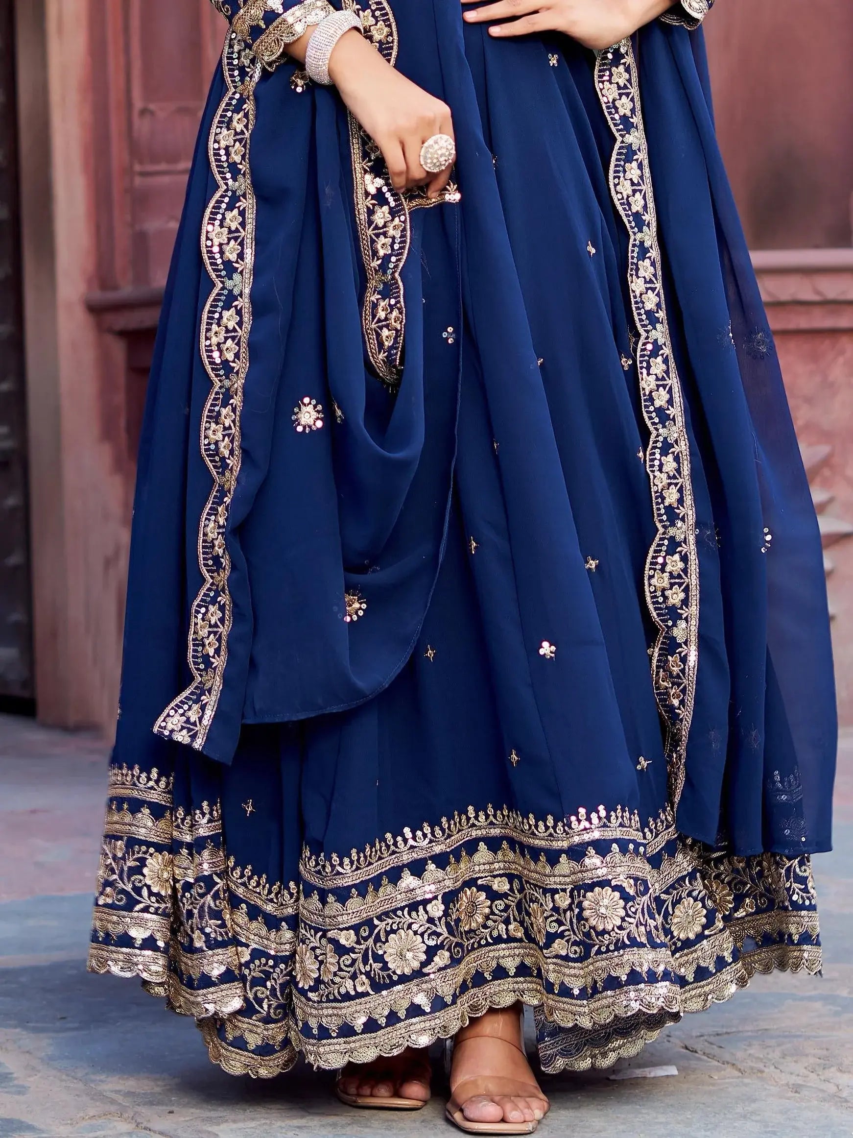 Lovable Navy Blue Sequins Georgette Festive Wear Gown With Dupatta - Zeel Clothing