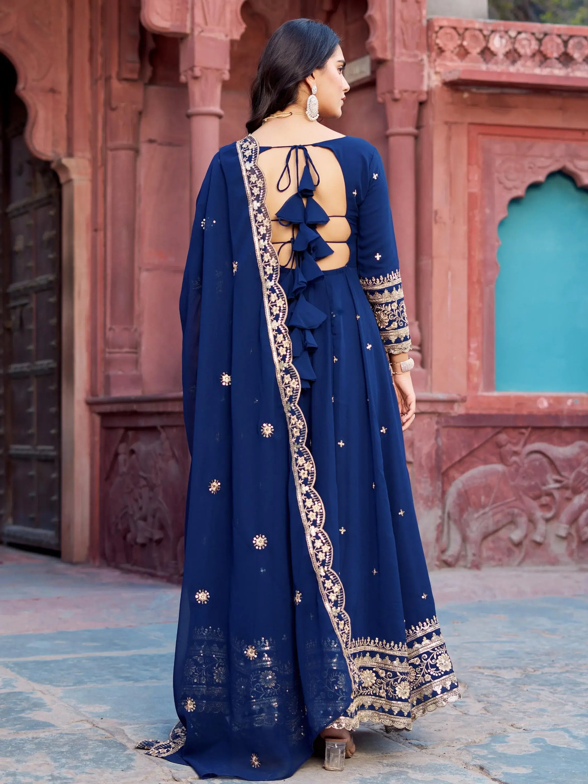 Lovable Navy Blue Sequins Georgette Festive Wear Gown With Dupatta - Zeel Clothing