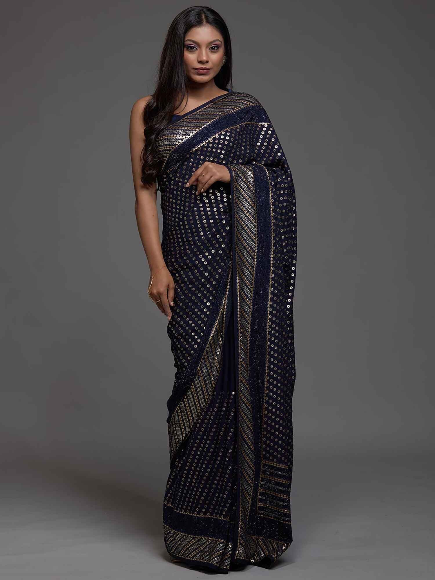 Lovable Navy Blue Sequins Georgette Party Wear Saree With Blouse - Zeel Clothing