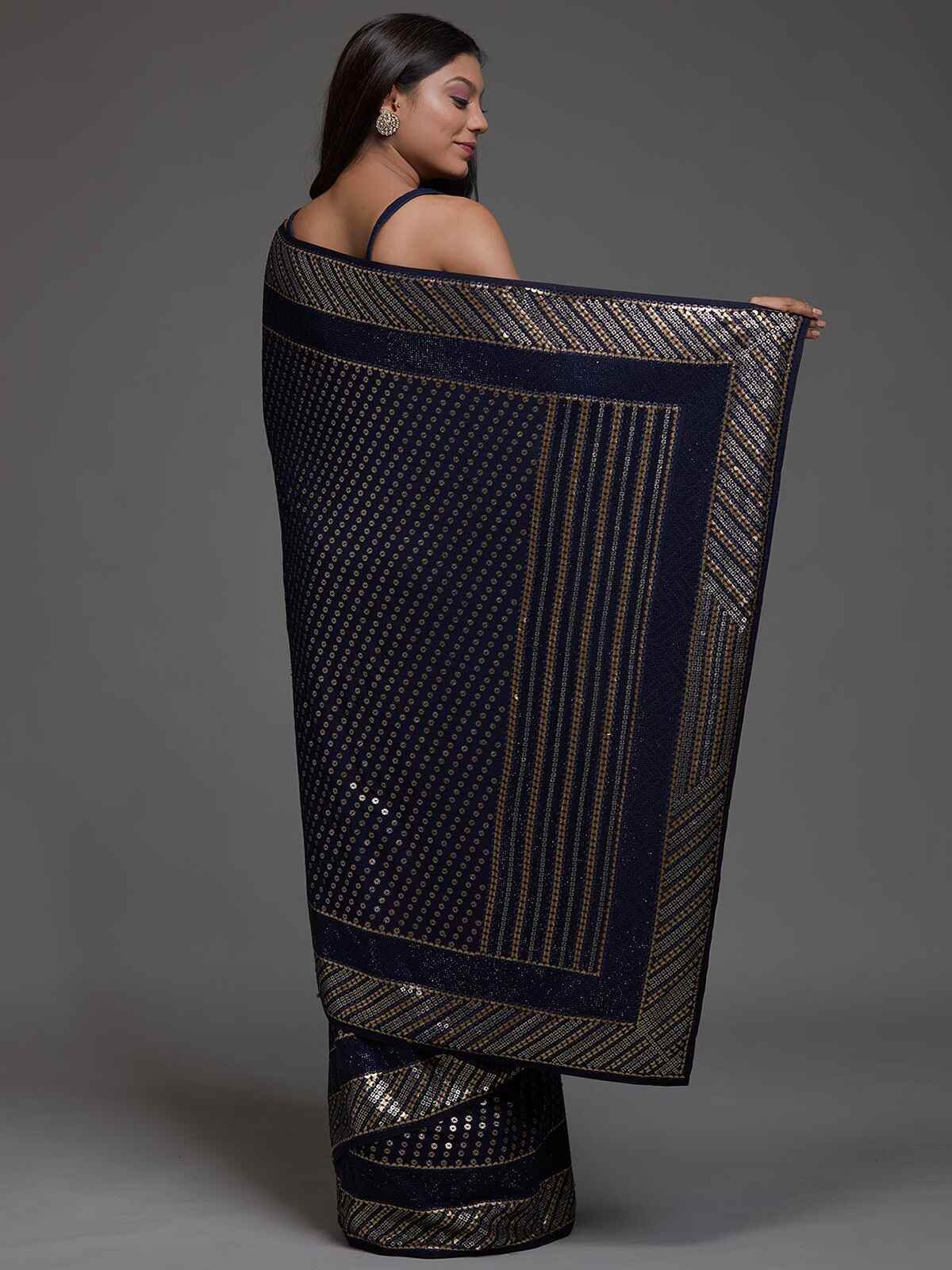 Lovable Navy Blue Sequins Georgette Party Wear Saree With Blouse - Zeel Clothing