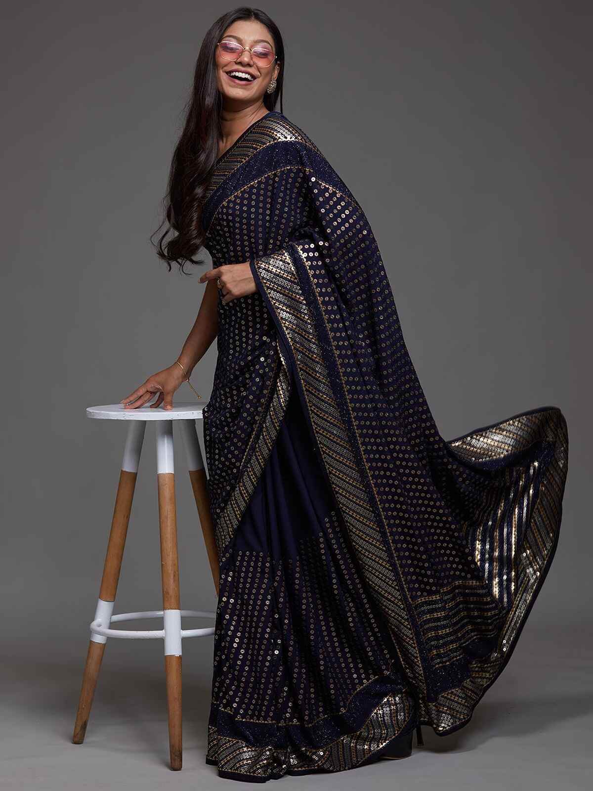 Lovable Navy Blue Sequins Georgette Party Wear Saree With Blouse - Zeel Clothing