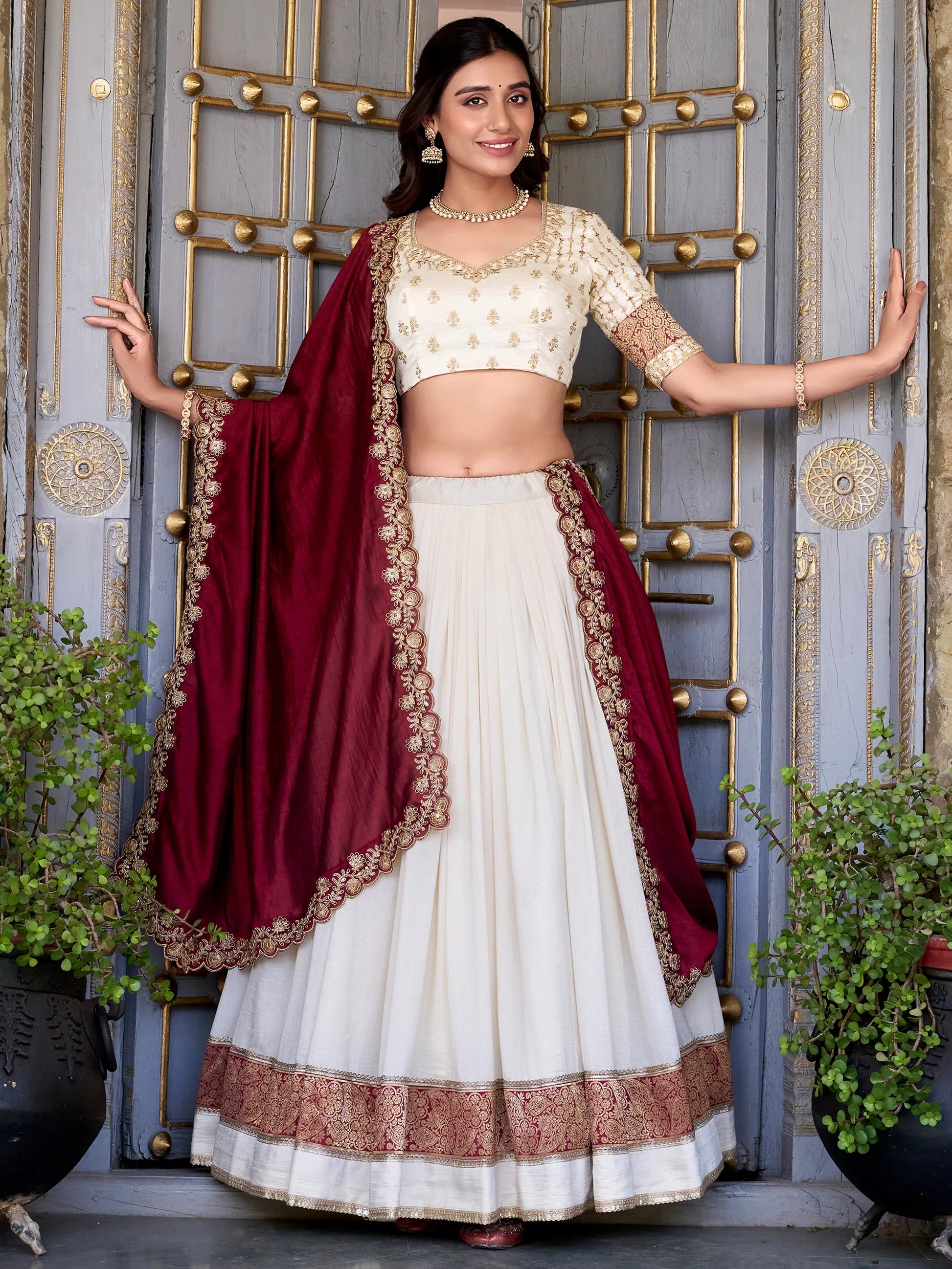 Lovable Off-White Zari Weaving Vichitra Silk Traditional Lehenga Choli - Zeel Clothing